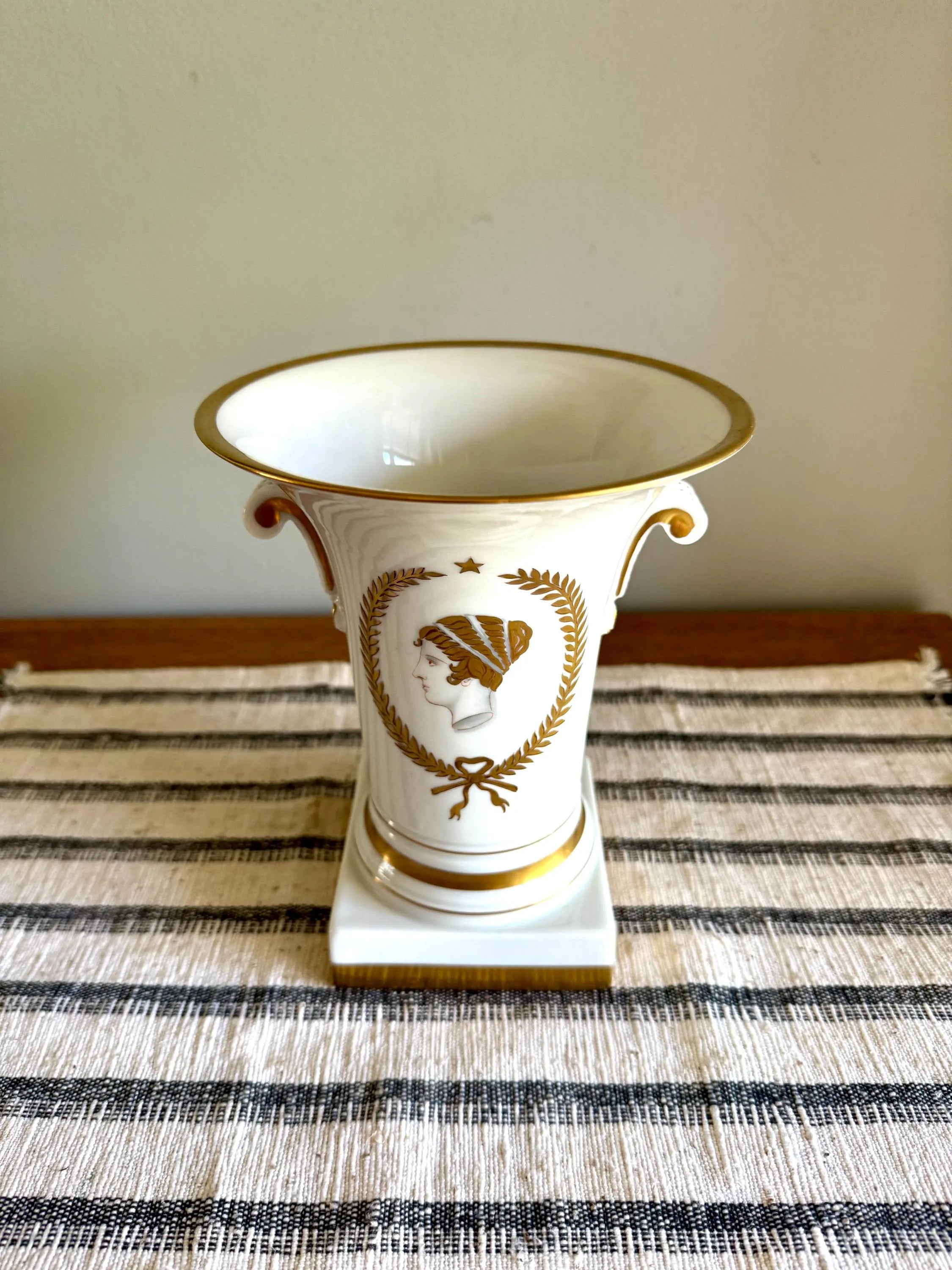 Vtg Vista Alegre Portugal Porcelain Vase| Portuguese Porcelain Urn with Neoclassical Motif| Roman Greek Goddess Gilded Vase (Small Chip)