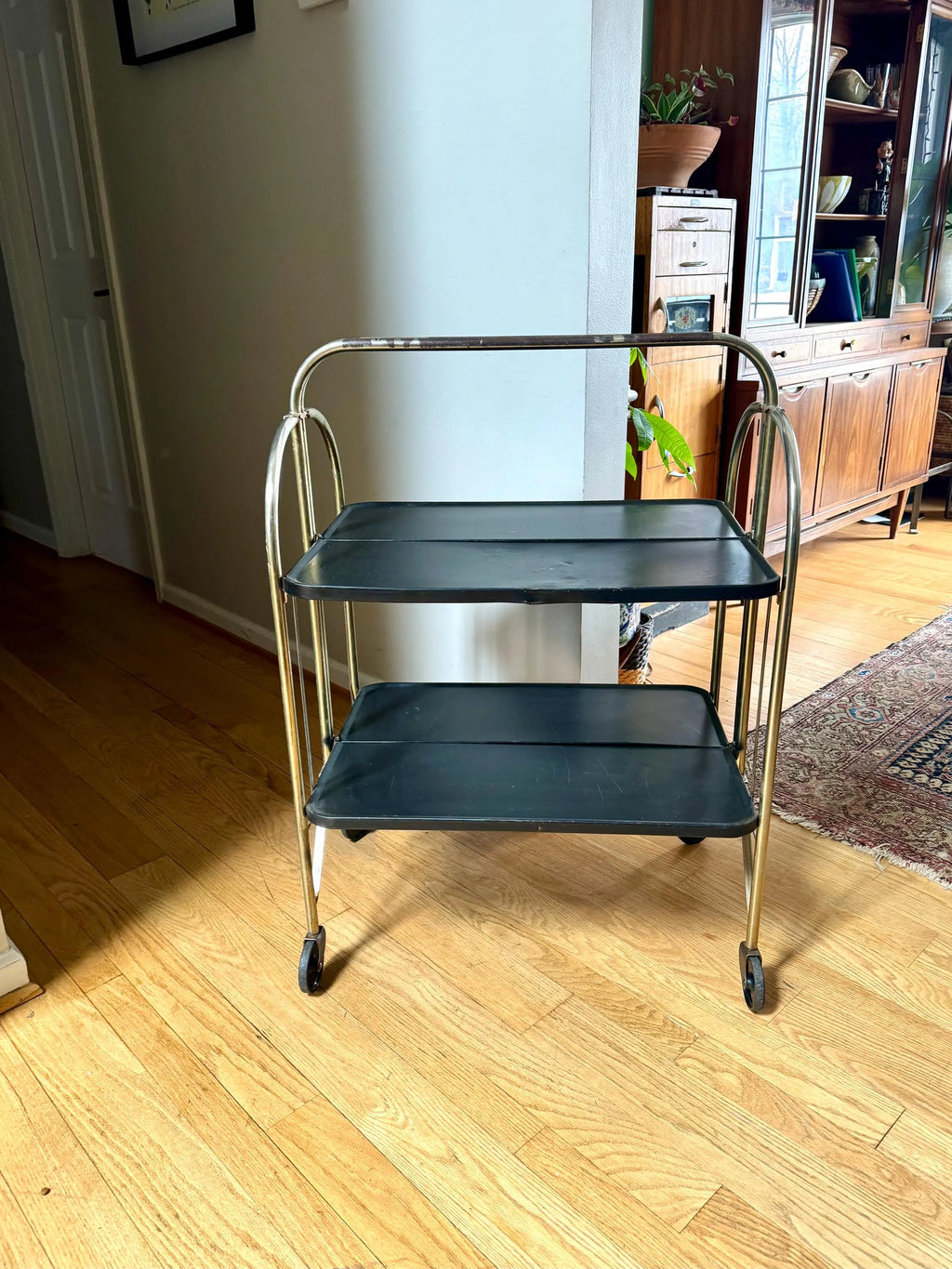Vtg Distressed Folding Bar Cart | MCM Metal Serving Cart | Black and Gold 2 Tier Bar Cart | Utility Versa-Cart | Rolling Bar Cart Shelving