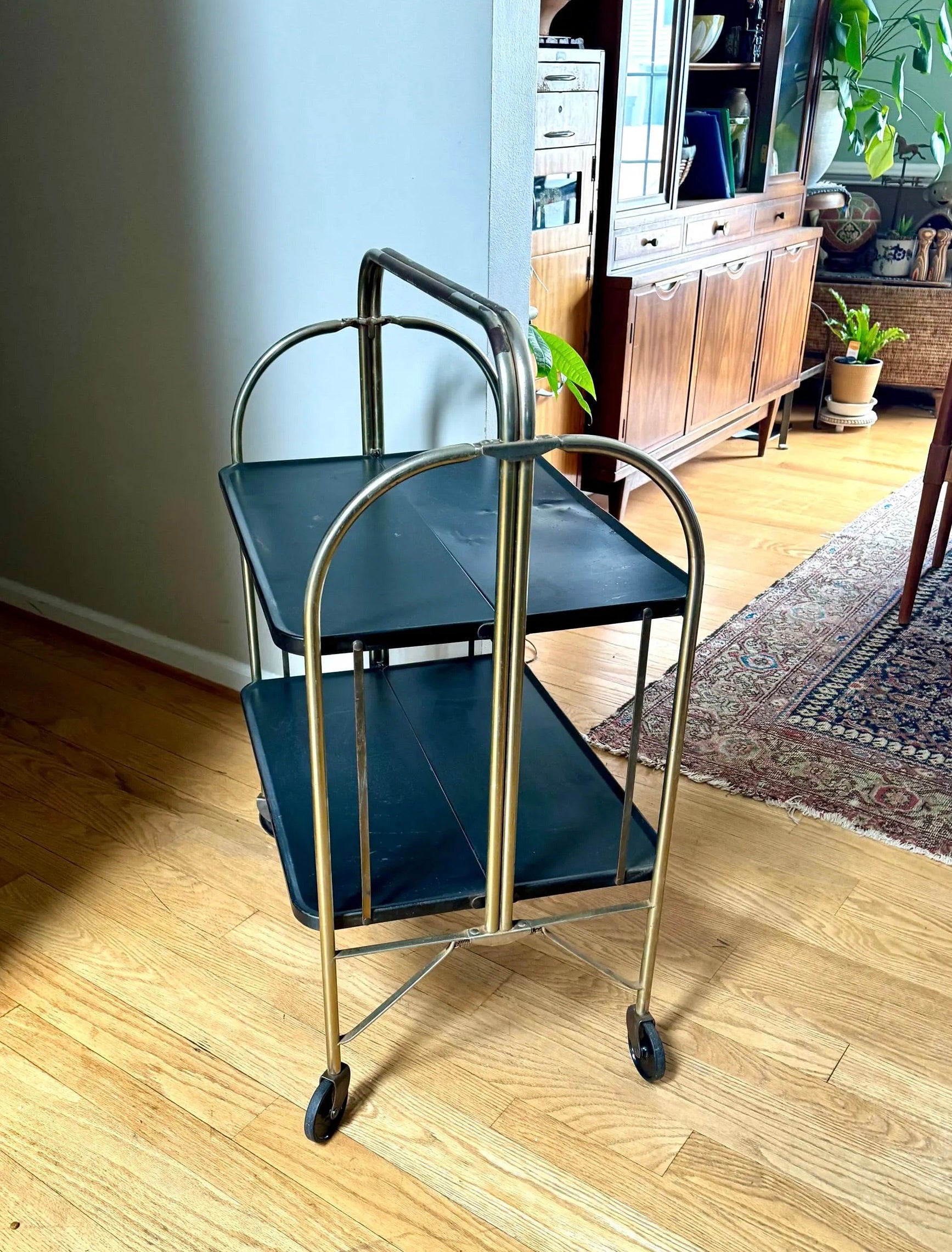 Vtg Distressed Folding Bar Cart | MCM Metal Serving Cart | Black and Gold 2 Tier Bar Cart | Utility Versa-Cart | Rolling Bar Cart Shelving