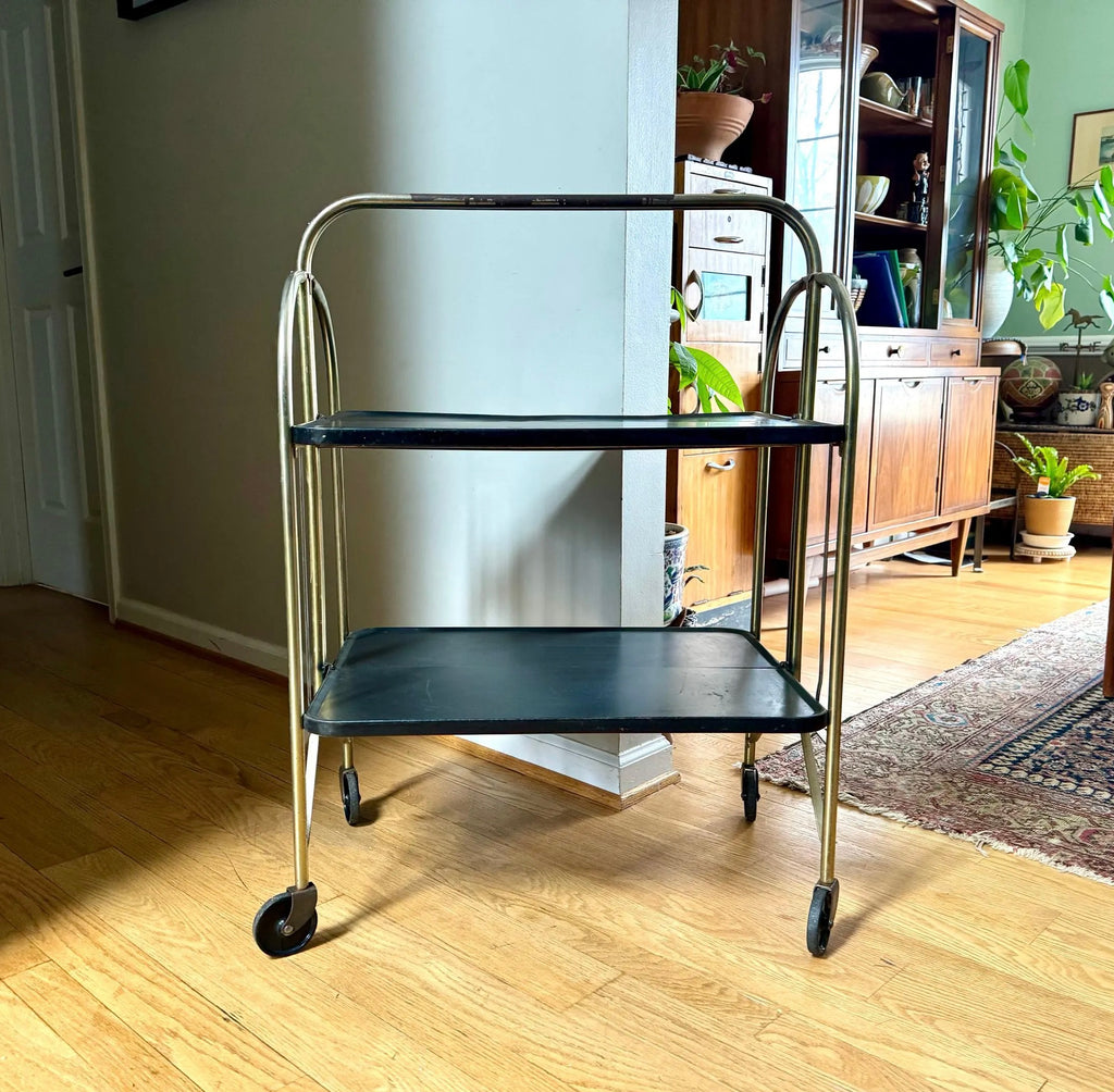 Vtg Distressed Folding Bar Cart | MCM Metal Serving Cart | Black and Gold 2 Tier Bar Cart | Utility Versa-Cart | Rolling Bar Cart Shelving