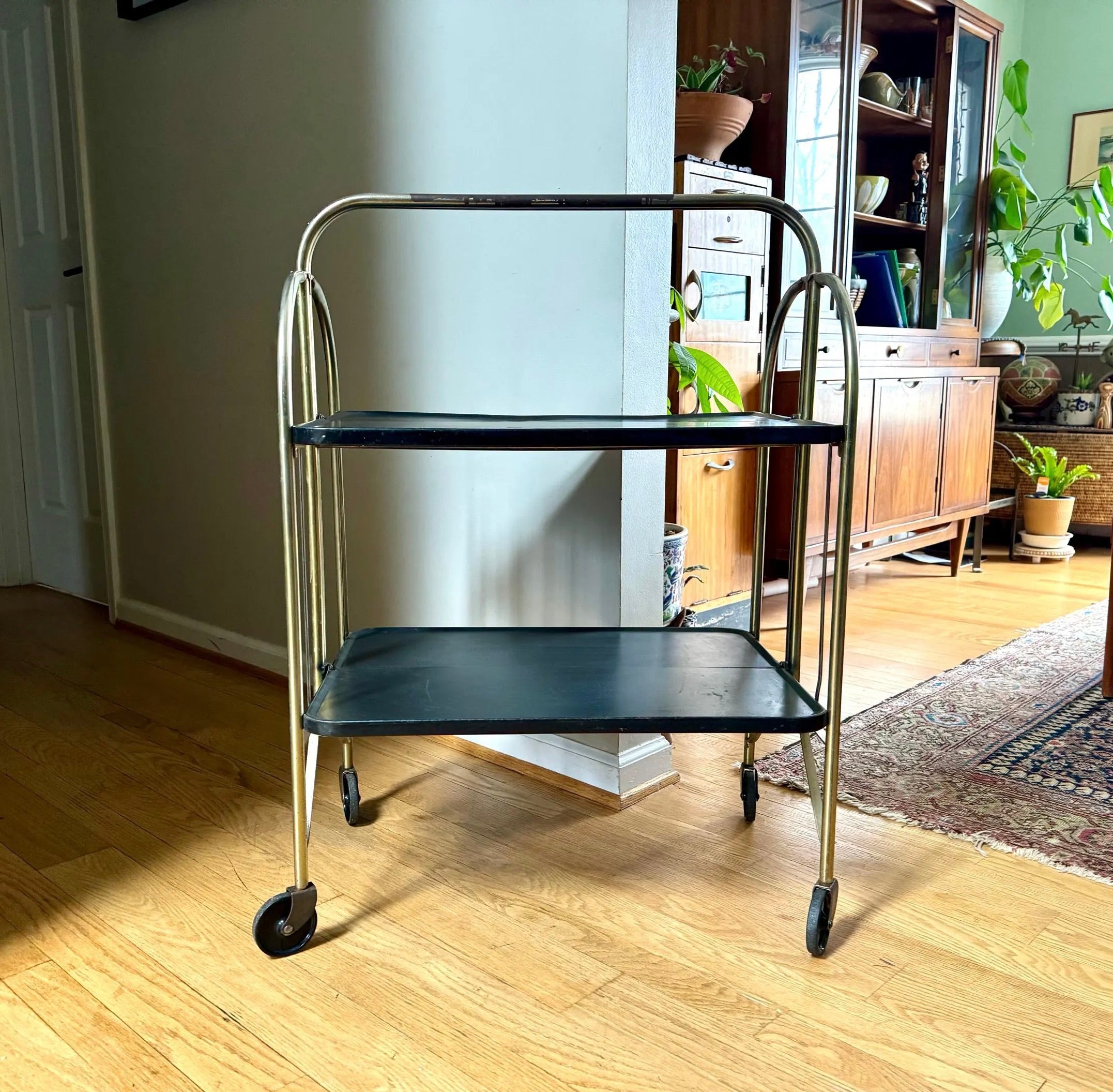 Vtg Distressed Folding Bar Cart | MCM Metal Serving Cart | Black and Gold 2 Tier Bar Cart | Utility Versa-Cart | Rolling Bar Cart Shelving