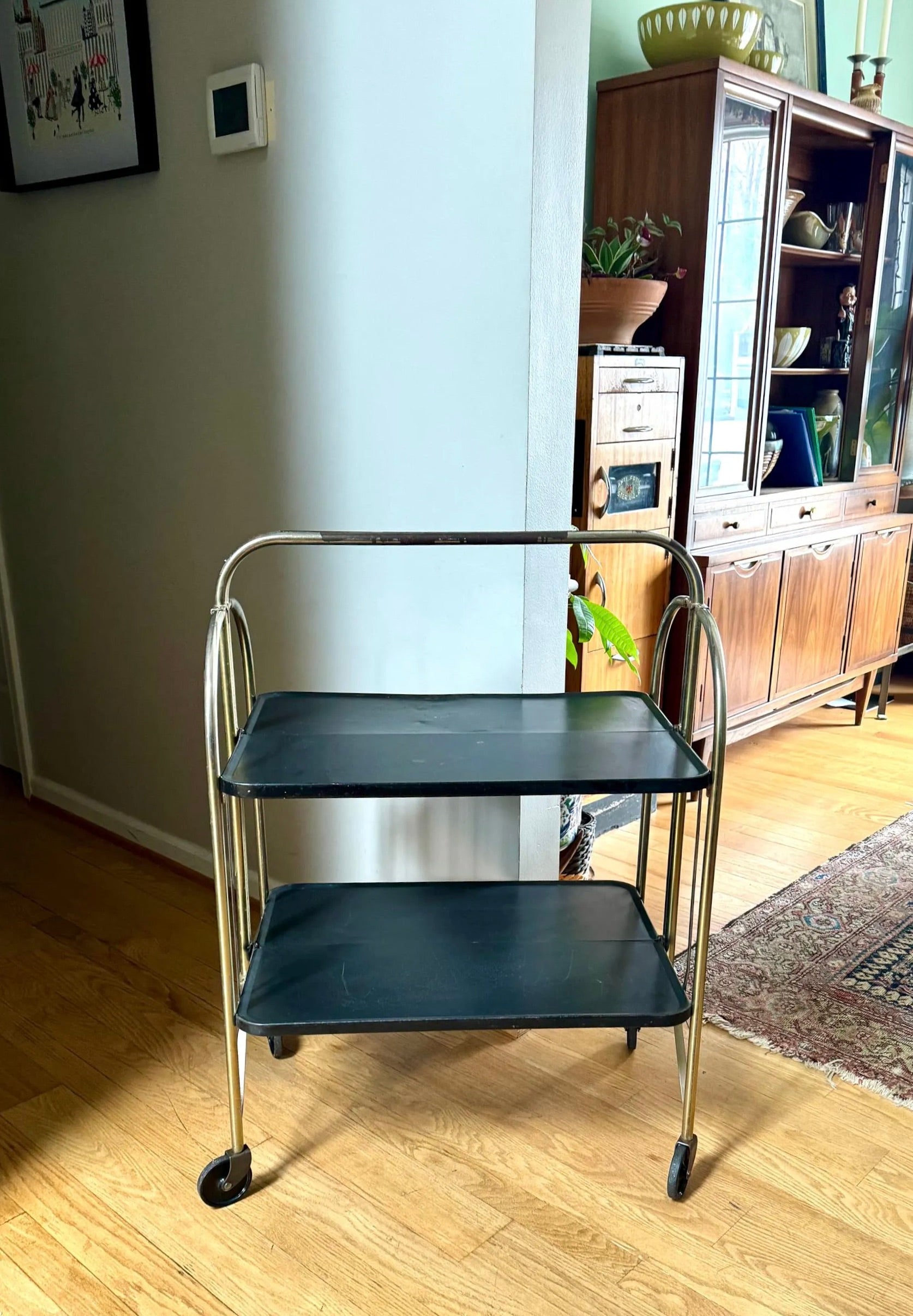 Vtg Distressed Folding Bar Cart | MCM Metal Serving Cart | Black and Gold 2 Tier Bar Cart | Utility Versa-Cart | Rolling Bar Cart Shelving