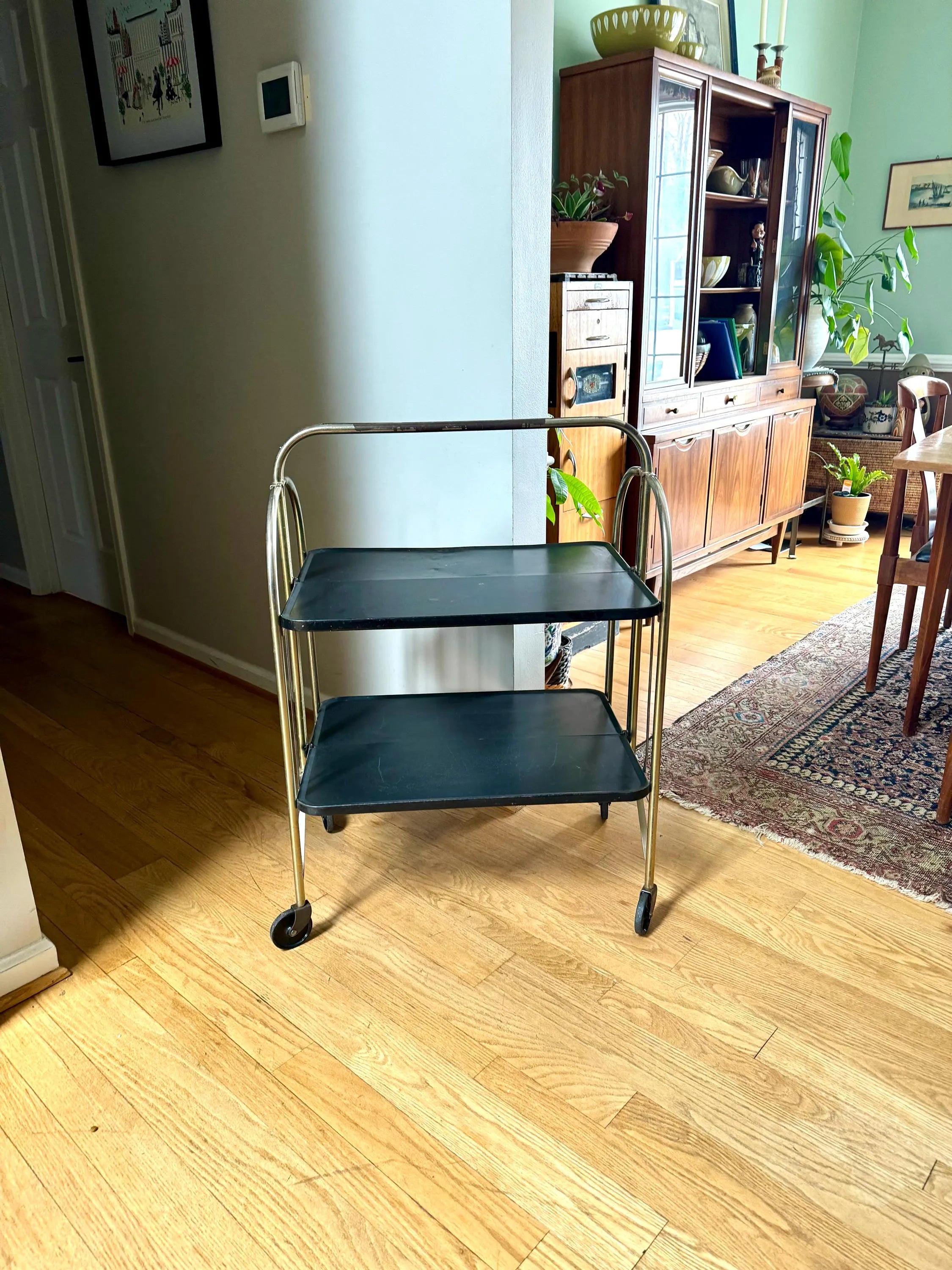 Vtg Distressed Folding Bar Cart | MCM Metal Serving Cart | Black and Gold 2 Tier Bar Cart | Utility Versa-Cart | Rolling Bar Cart Shelving