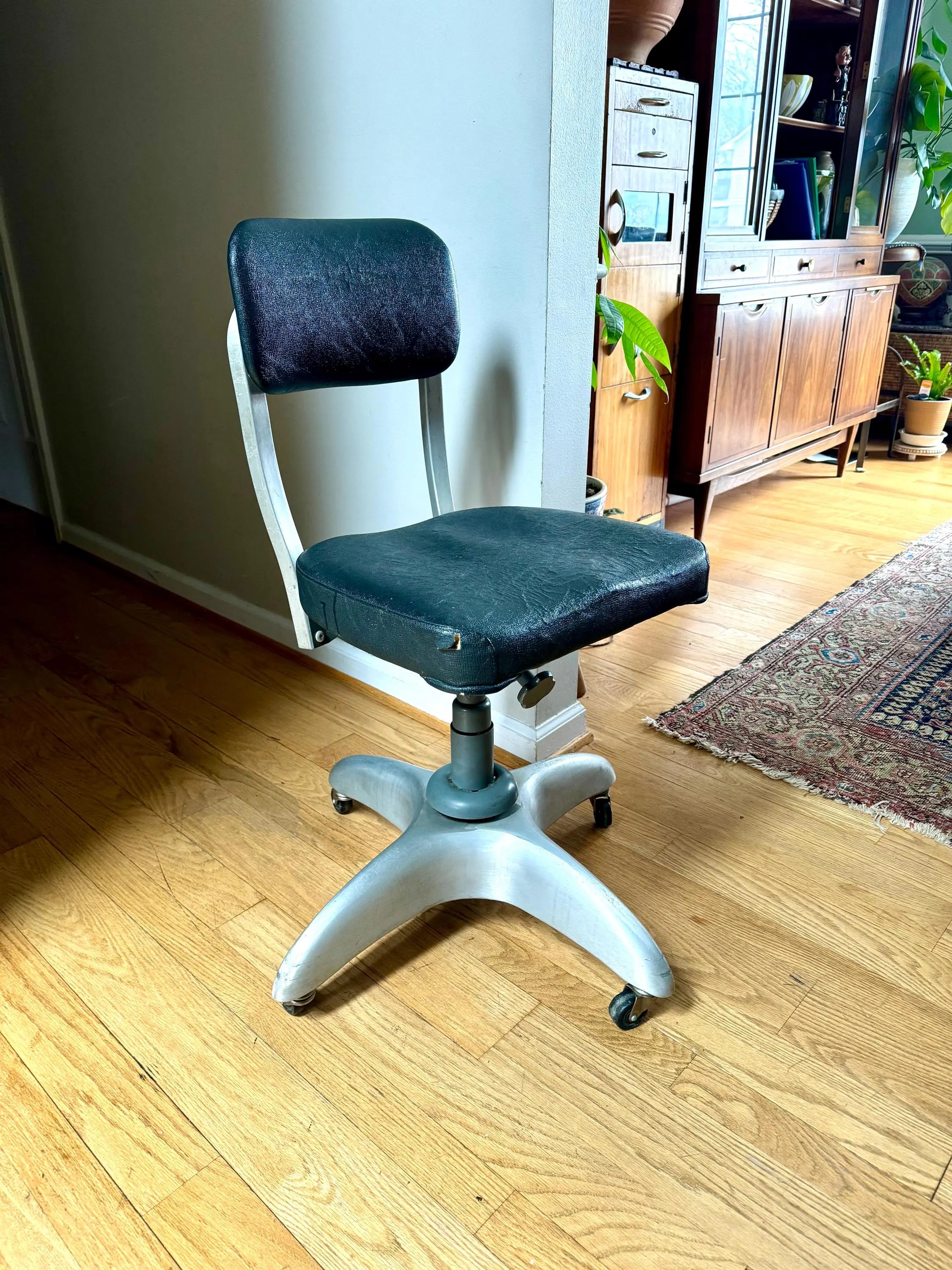 Vtg Industrial Drafting Chair | Good Form Office Chair | Art Deco Gio Ponti Padded Office Chair| Black Rolling Adjustable Swivel Chair
