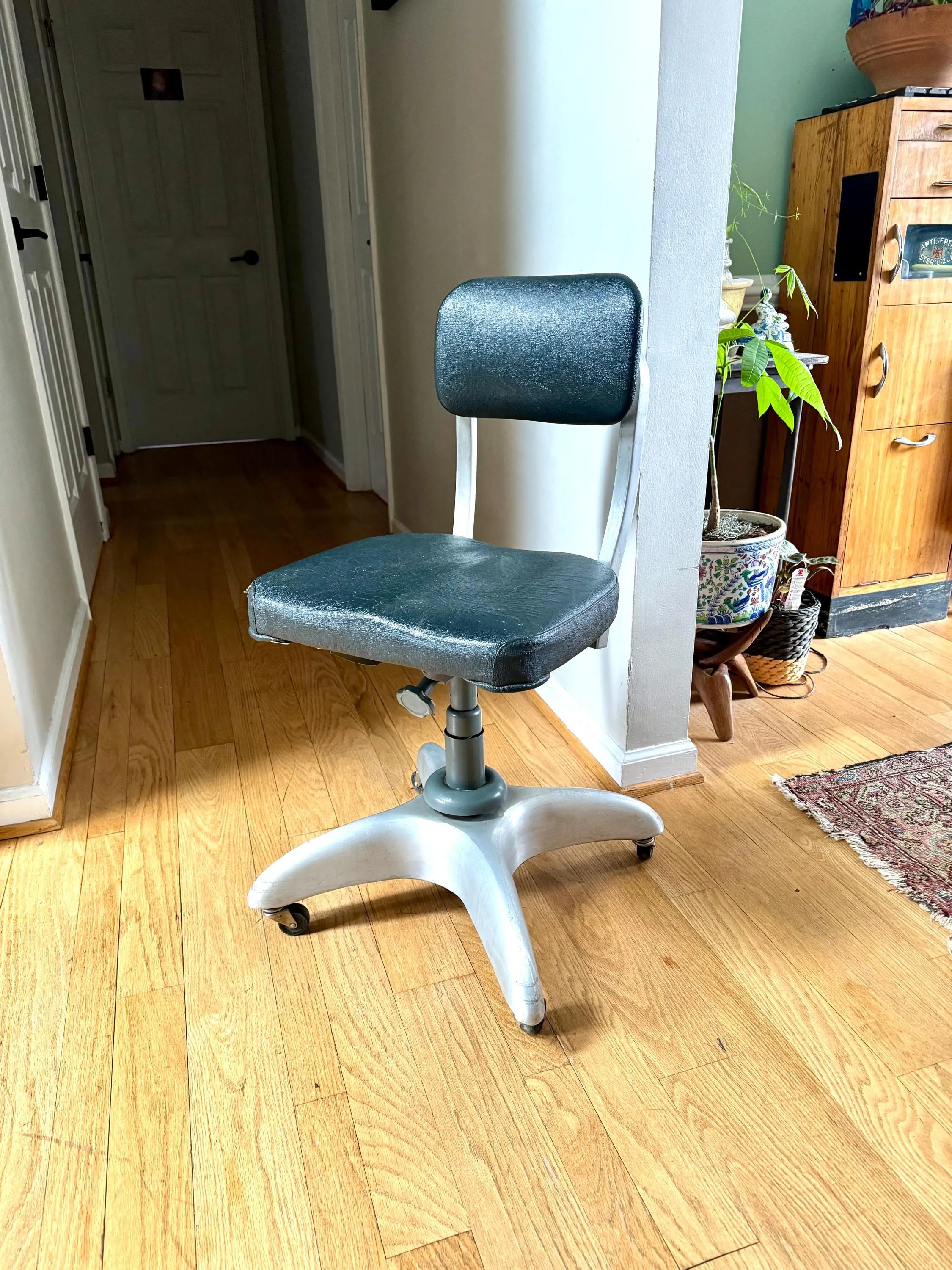 Vtg Industrial Drafting Chair | Good Form Office Chair | Art Deco Gio Ponti Padded Office Chair| Black Rolling Adjustable Swivel Chair