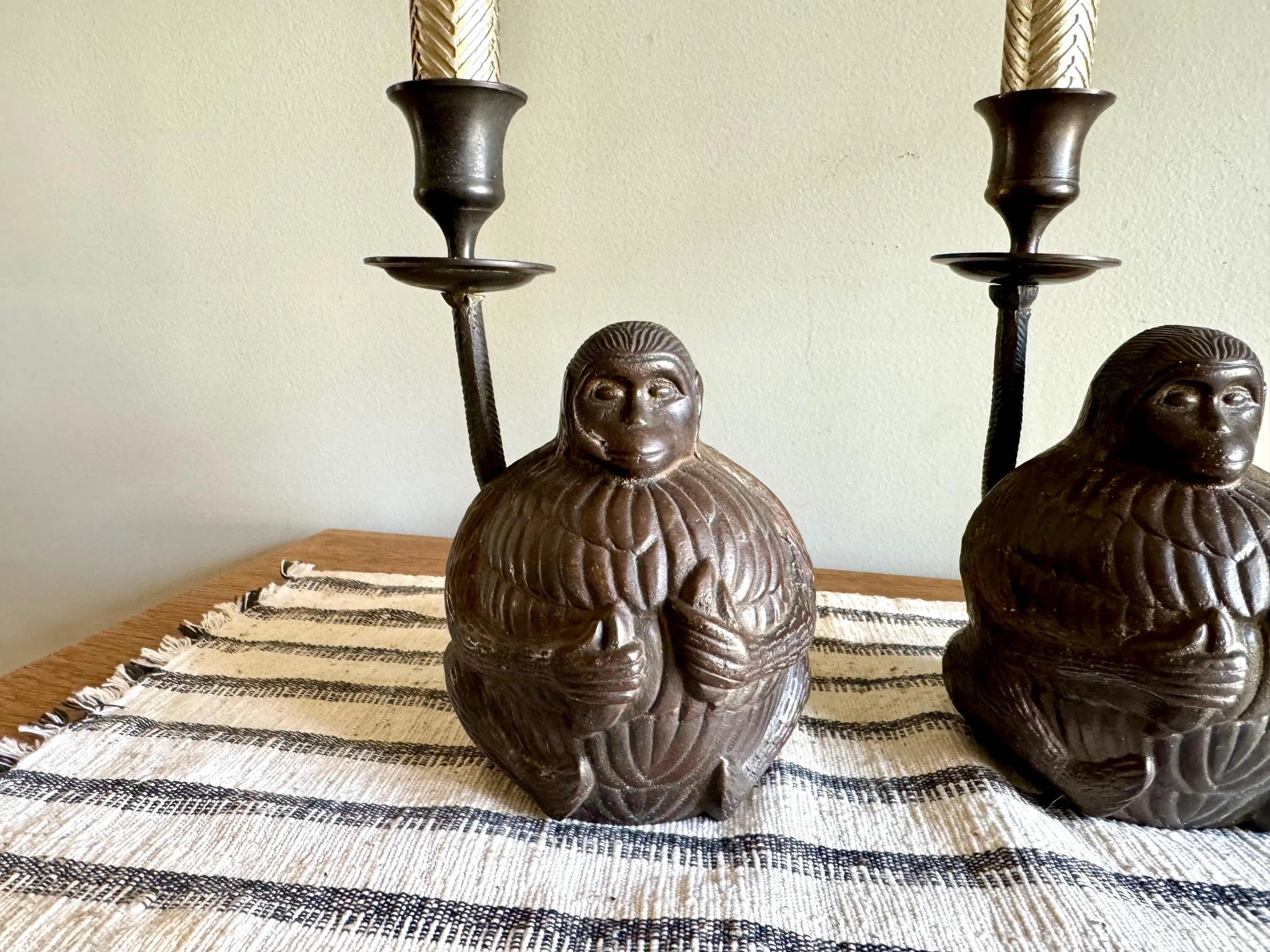 A Pair of Bronze Monkey Candlestick Holders | Asian Influenced Monkey Candle Holders | Monkey Holding Bananas Candlestick Holders