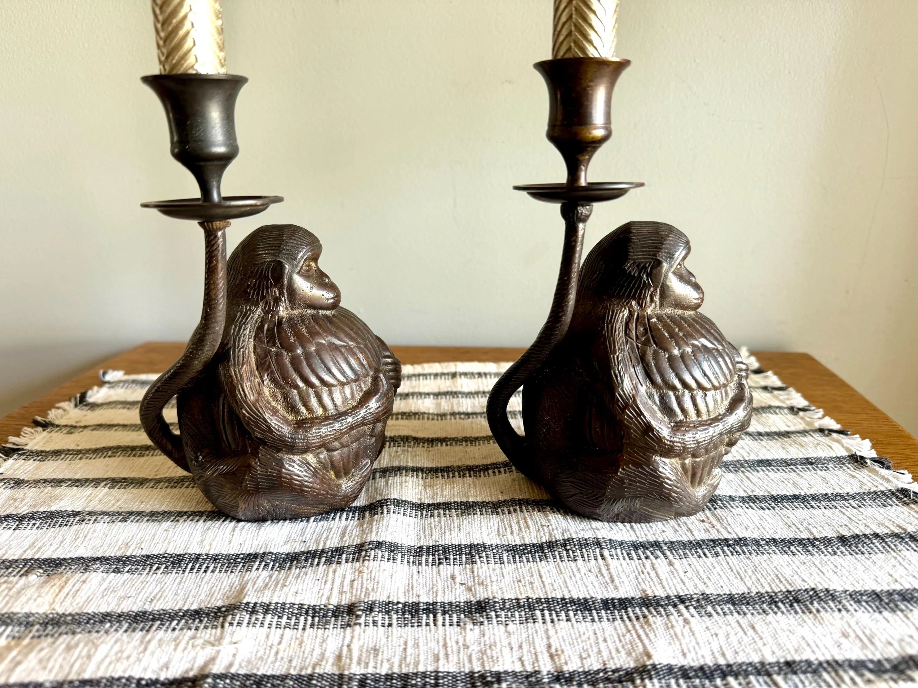 A Pair of Bronze Monkey Candlestick Holders | Asian Influenced Monkey Candle Holders | Monkey Holding Bananas Candlestick Holders
