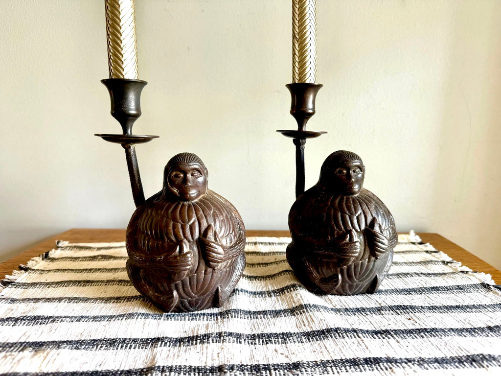 A Pair of Bronze Monkey Candlestick Holders | Asian Influenced Monkey Candle Holders | Monkey Holding Bananas Candlestick Holders