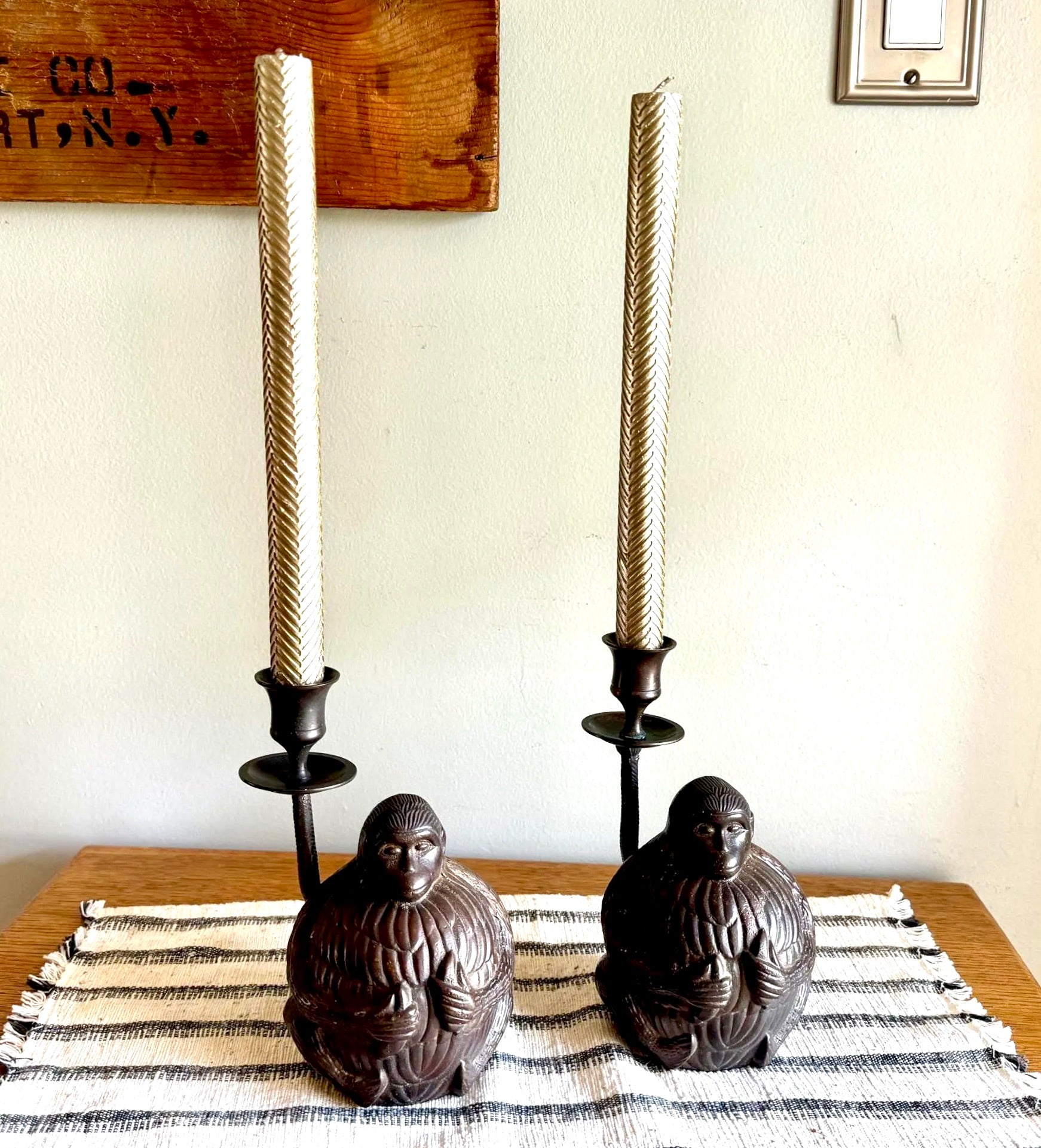 A Pair of Bronze Monkey Candlestick Holders | Asian Influenced Monkey Candle Holders | Monkey Holding Bananas Candlestick Holders