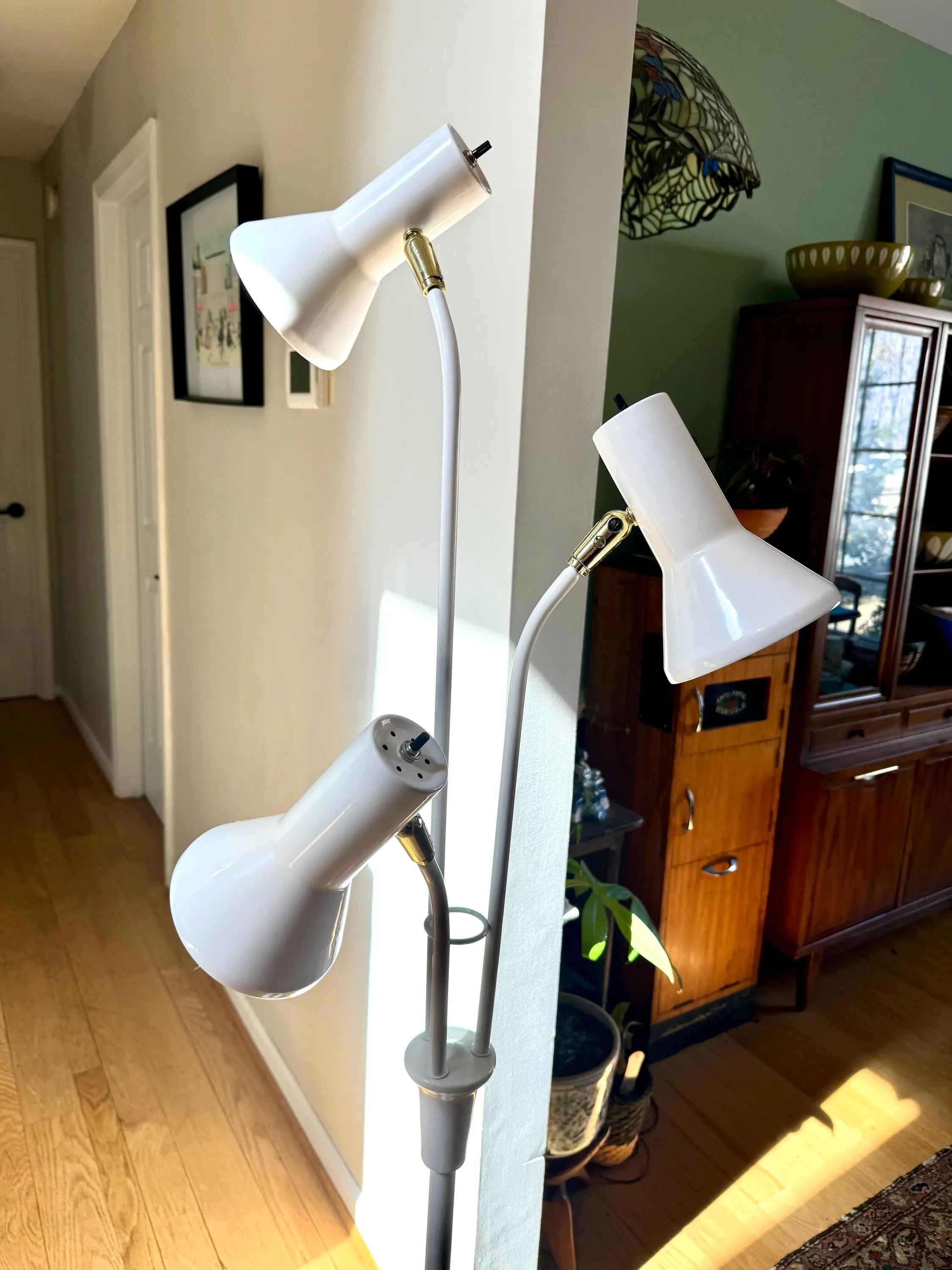 Mid Century Bullet Floor Lamp | White Atomic Coned Lamp | Modern White And Gold Bullet Light | Retro Floor Lamp | Multi Light Floor Lamp