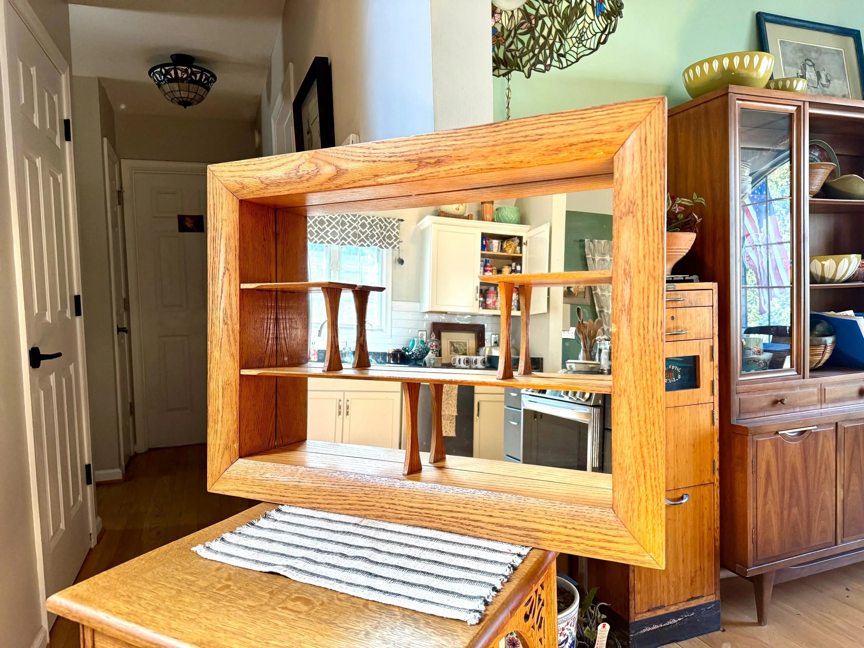 MCM Wall Shadow Box | Mid Century Modern Wall Mirror Shelf | Curiosity Shelving | Wood Wall Shelving With Mirror | Wood Mirror Shelf