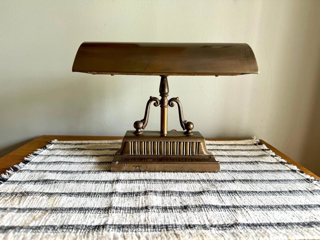 Vtg Distress Small Brass Piano Lamp | Ornate Brass Bankers Lamp | Rustic Brass Victorian Desk Lamp | Brass Patina Bankers Lamp