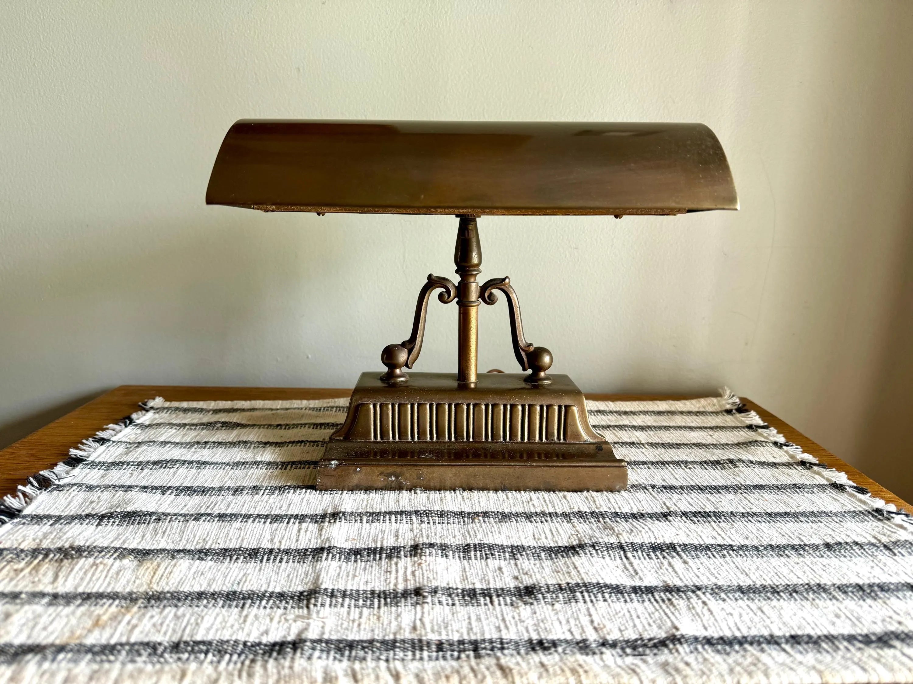Vtg Distress Small Brass Piano Lamp | Ornate Brass Bankers Lamp | Rustic Brass Victorian Desk Lamp | Brass Patina Bankers Lamp