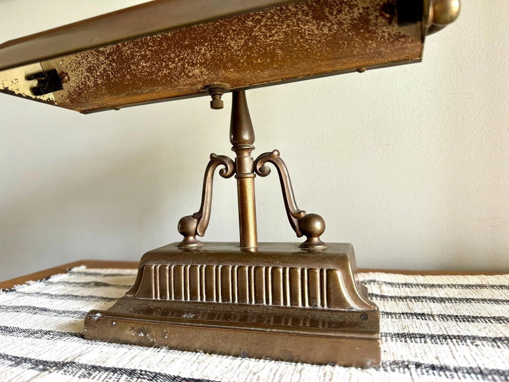Vtg Distress Small Brass Piano Lamp | Ornate Brass Bankers Lamp | Rustic Brass Victorian Desk Lamp | Brass Patina Bankers Lamp