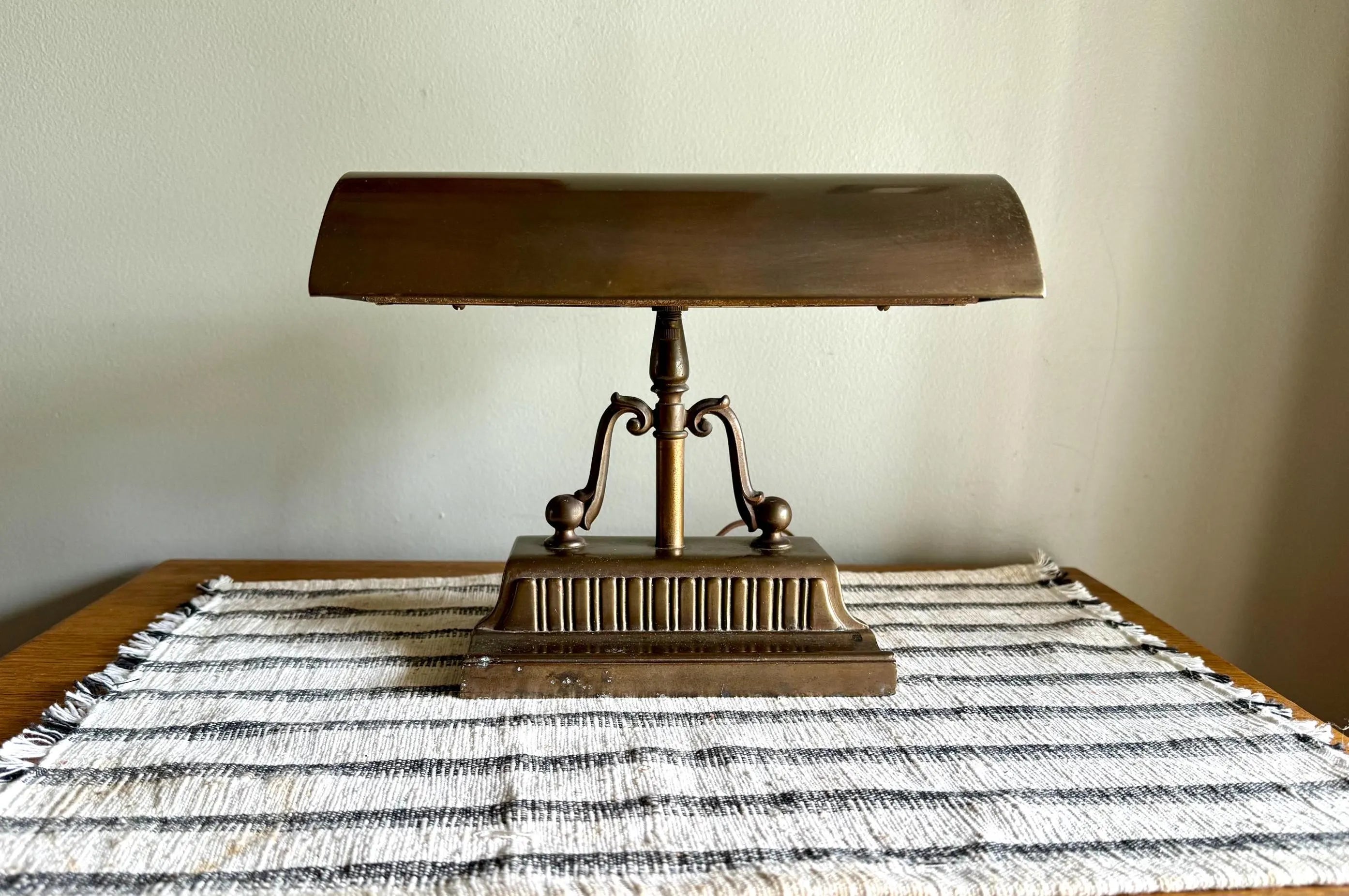 Vtg Distress Small Brass Piano Lamp | Ornate Brass Bankers Lamp | Rustic Brass Victorian Desk Lamp | Brass Patina Bankers Lamp