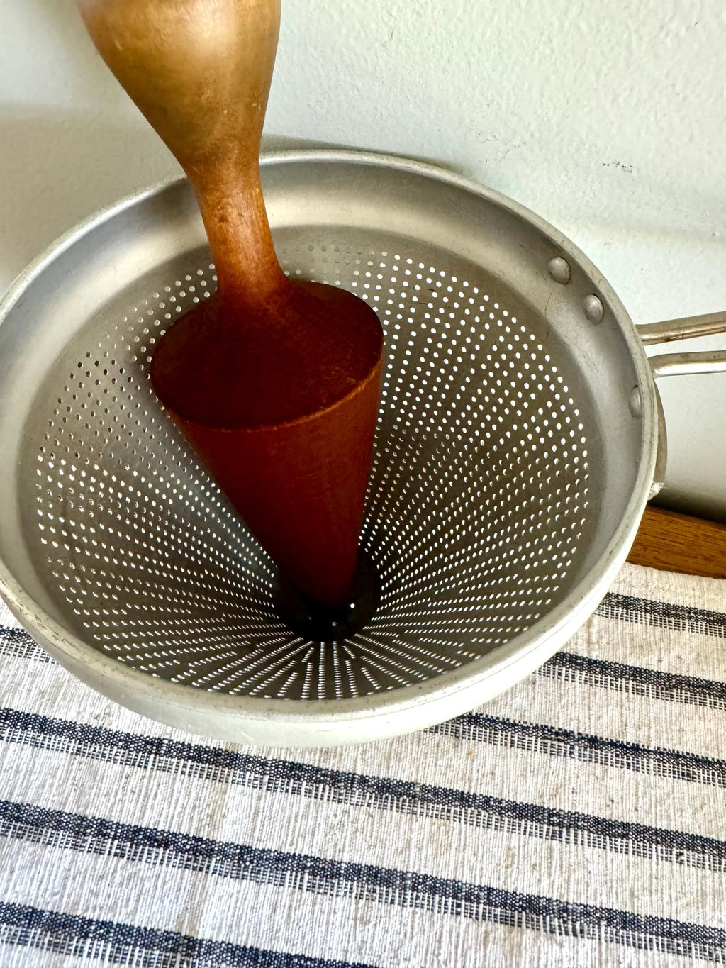 Vtg Sieve Strainer | Wearever Aluminum Canning Strainer and Wood Pestle | Coned Canner 1950'S Cookware | Retro Kitchen