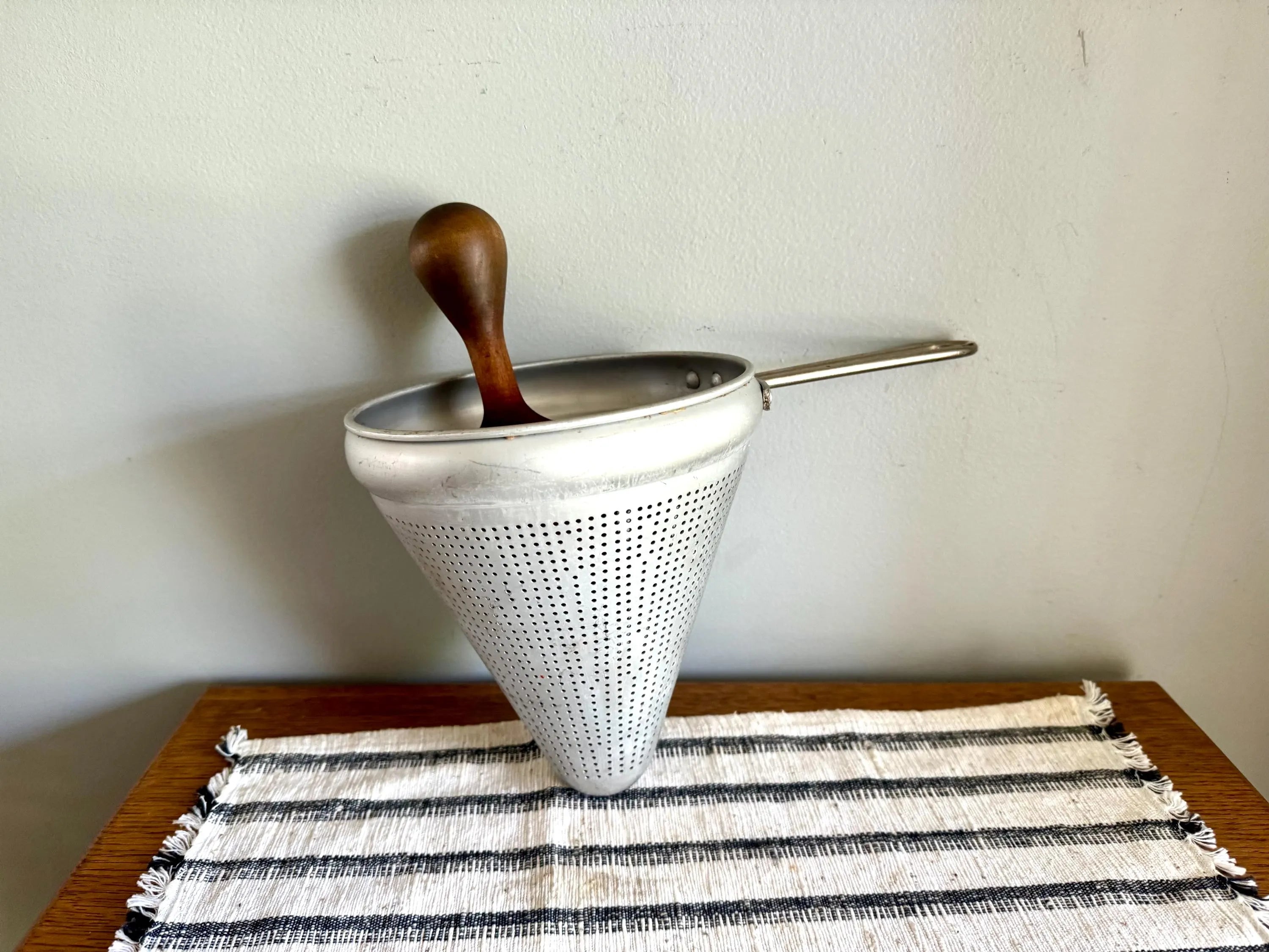 Vtg Sieve Strainer | Wearever Aluminum Canning Strainer and Wood Pestle | Coned Canner 1950'S Cookware | Retro Kitchen
