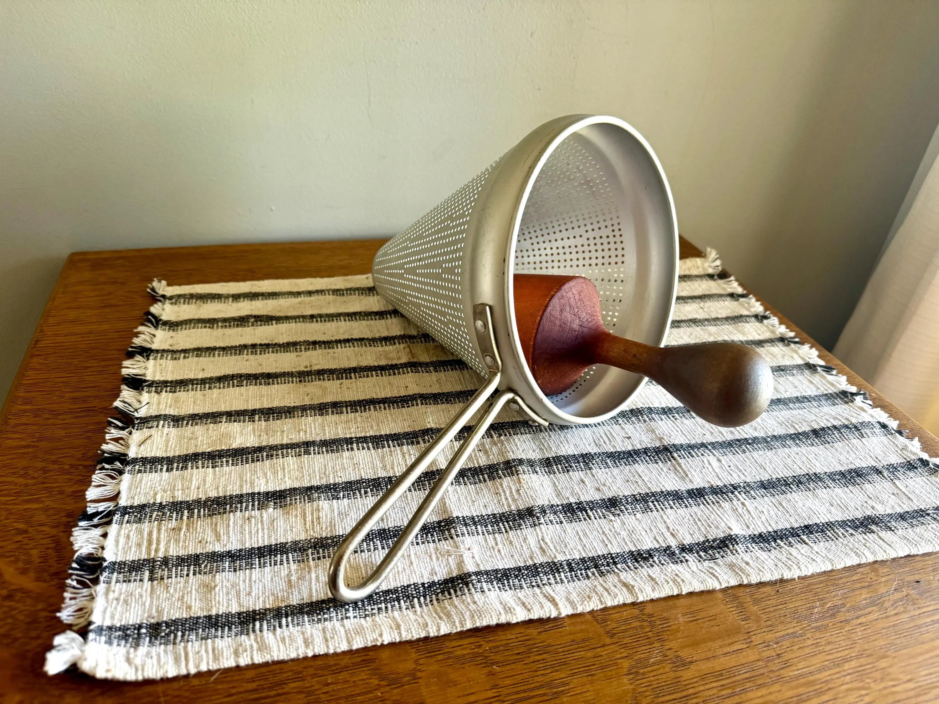 Vtg Sieve Strainer | Wearever Aluminum Canning Strainer and Wood Pestle | Coned Canner 1950'S Cookware | Retro Kitchen