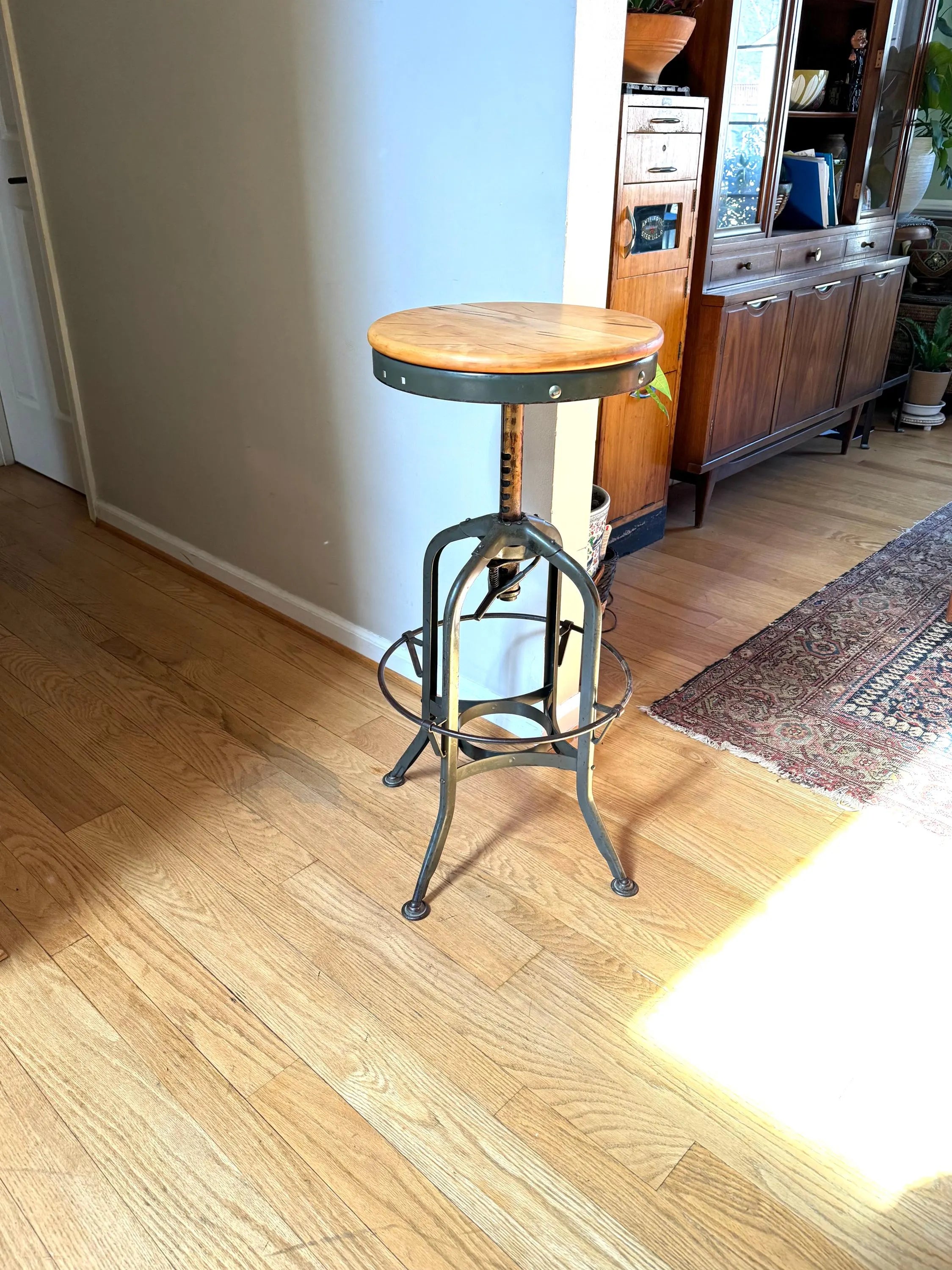 Industrial Toledo Metal Stool | Vintage Adjustable Metal Stool With Wood Top | Industrial Factory Stool | Green Metal Factory Stool