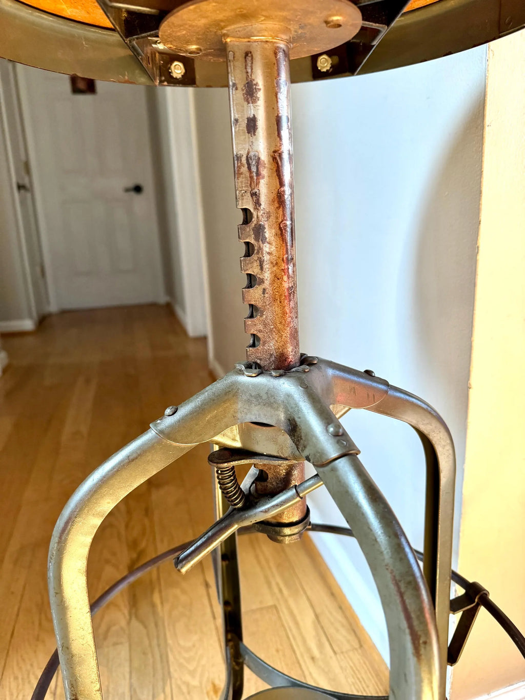 Industrial Toledo Metal Stool | Vintage Adjustable Metal Stool With Wood Top | Industrial Factory Stool | Green Metal Factory Stool