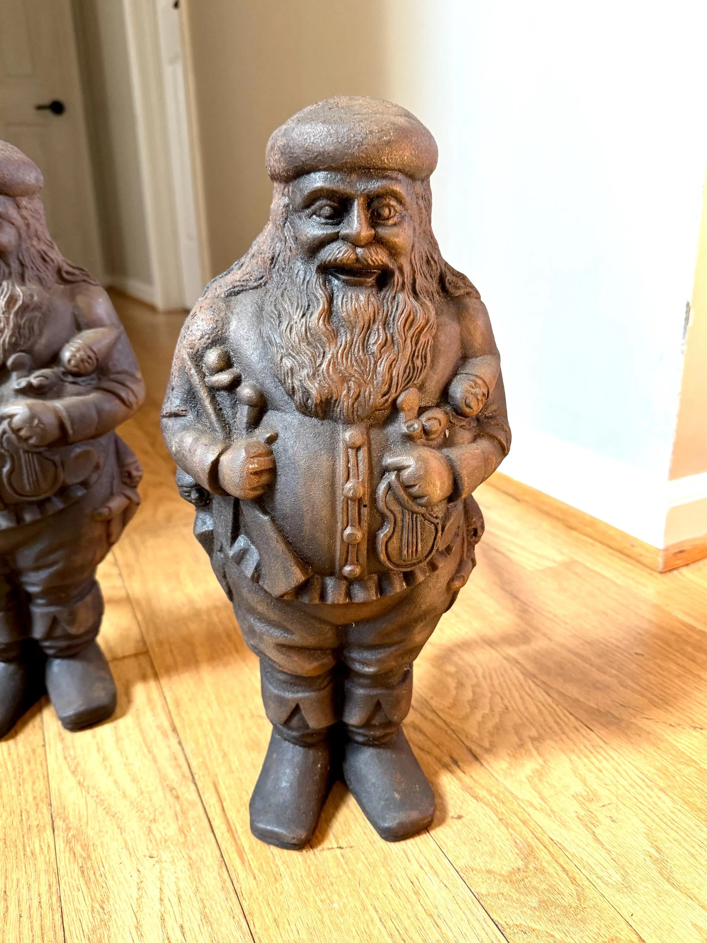 Antique Cast Iron Santa Clause Andirons | Vintage Cast Iron St. Nicholas Andirons | Rustic Cast Iron Christmas Andirons | Santa Claus Firedogs