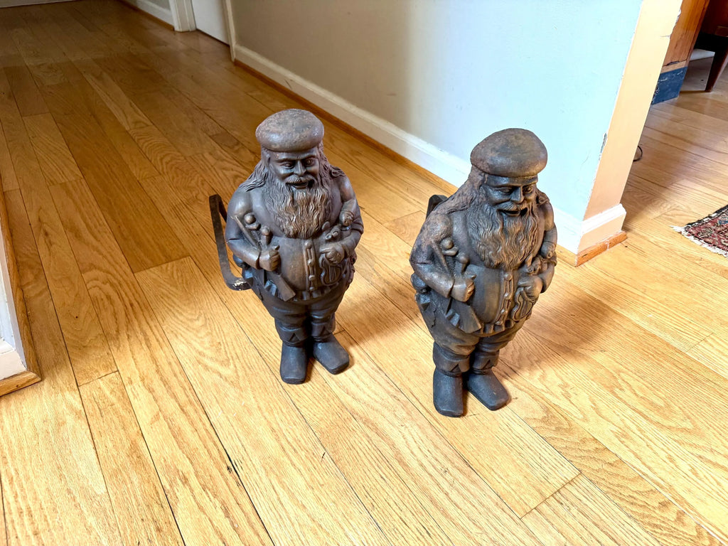 Antique Cast Iron Santa Clause Andirons | Vintage Cast Iron St. Nicholas Andirons | Rustic Cast Iron Christmas Andirons | Santa Claus Firedogs