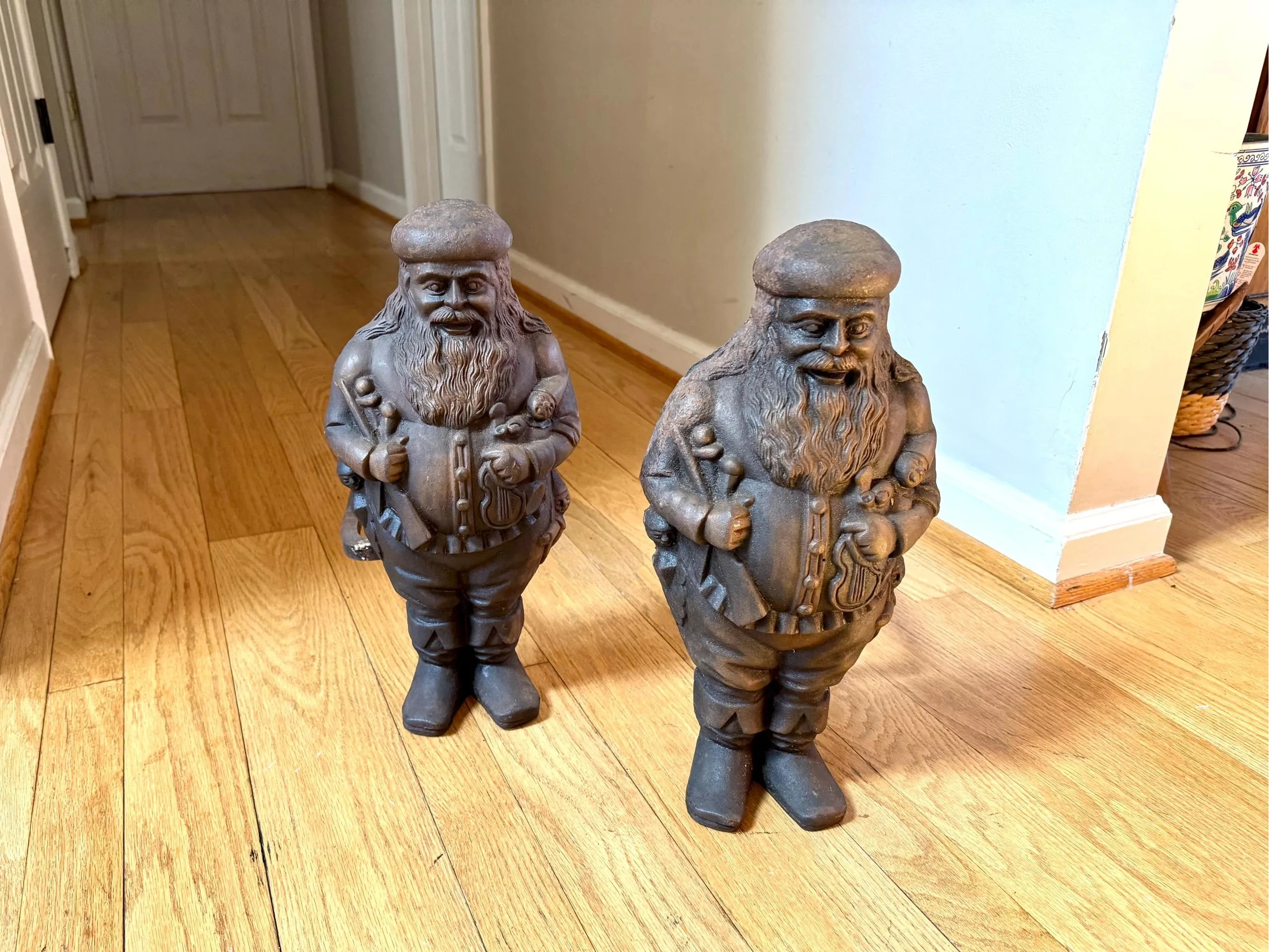 Antique Cast Iron Santa Clause Andirons | Vintage Cast Iron St. Nicholas Andirons | Rustic Cast Iron Christmas Andirons | Santa Claus Firedogs