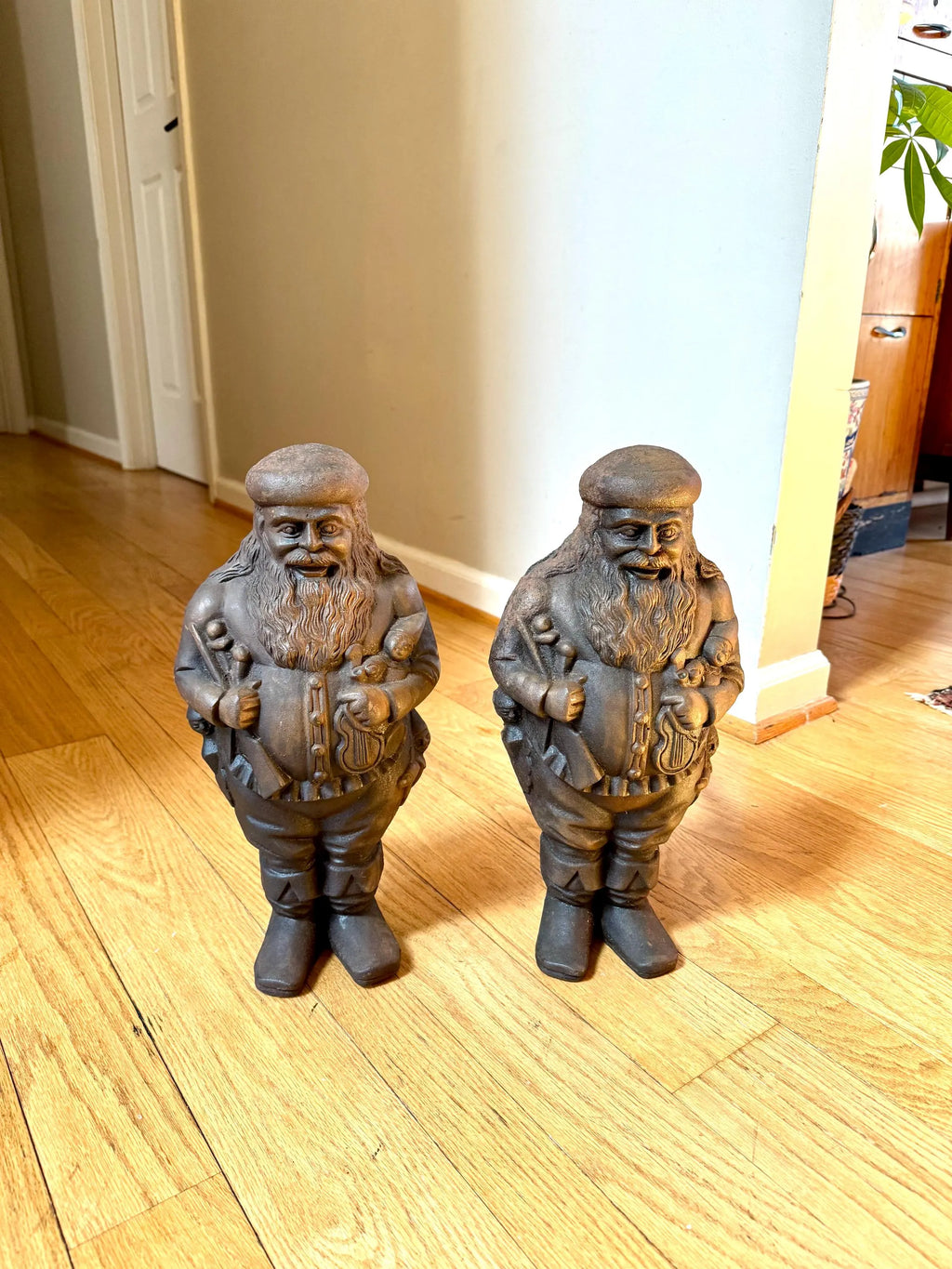 Antique Cast Iron Santa Clause Andirons | Vintage Cast Iron St. Nicholas Andirons | Rustic Cast Iron Christmas Andirons | Santa Claus Firedogs