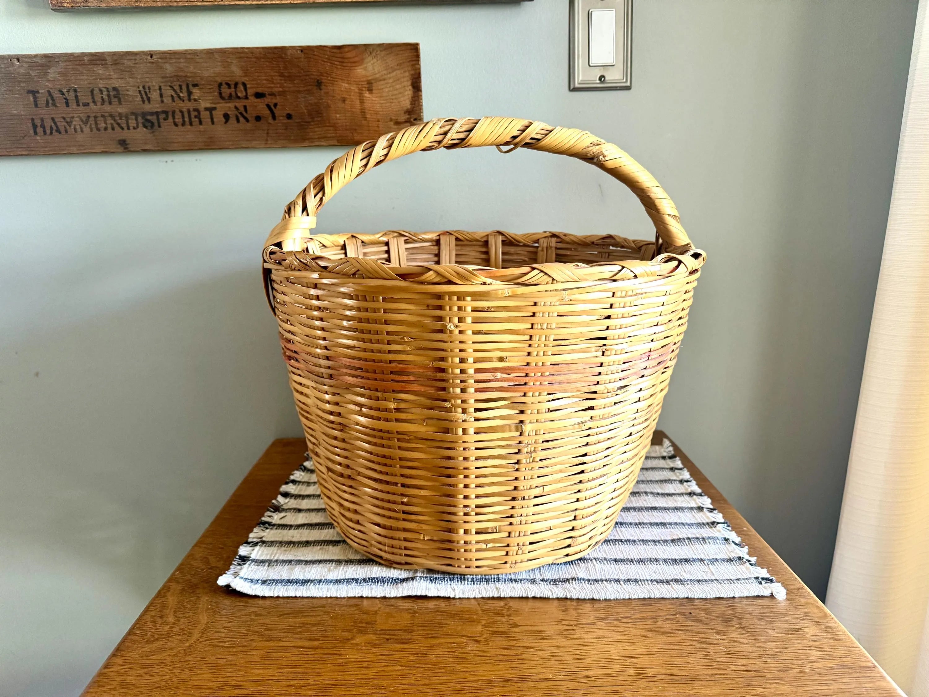 Vtg Large Wicker Basket | Colorful Rattan Basket | Wicker Hamper | Woven Wicker Blanket Storage | Bohemian Storage | Gathering Basket