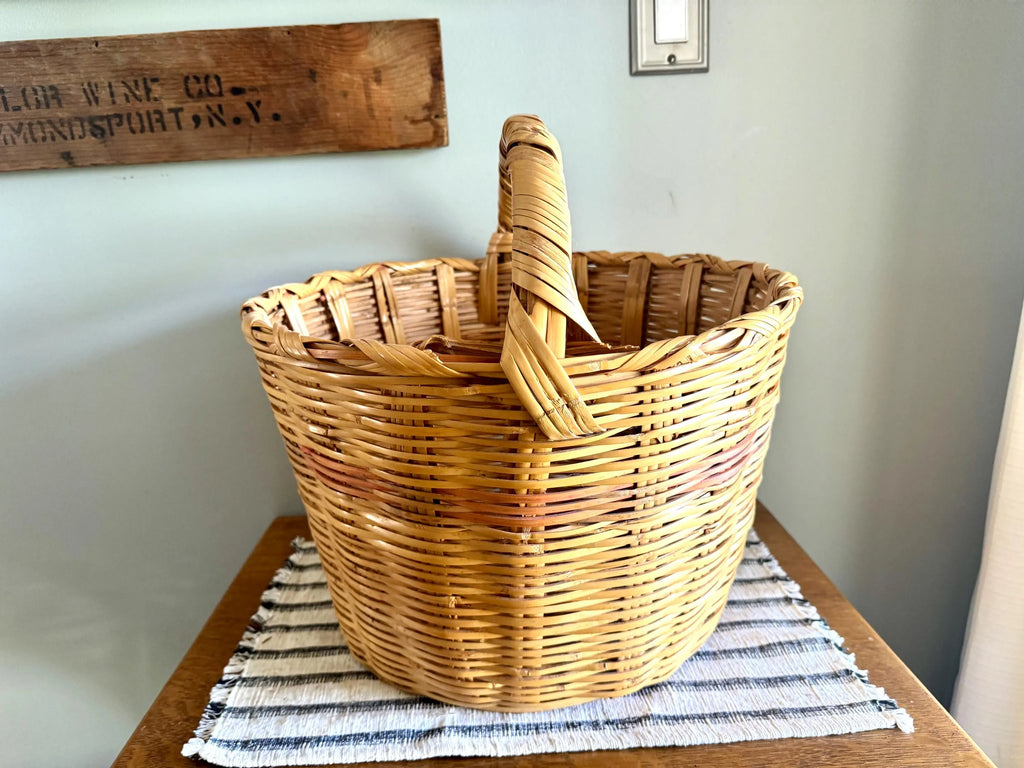 Vtg Large Wicker Basket | Colorful Rattan Basket | Wicker Hamper | Woven Wicker Blanket Storage | Bohemian Storage | Gathering Basket
