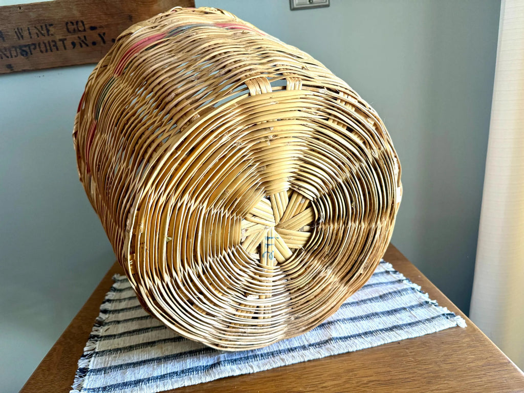 Vtg Large Wicker Basket | Colorful Rattan Basket | Wicker Hamper | Woven Wicker Blanket Storage | Bohemian Storage | Gathering Basket