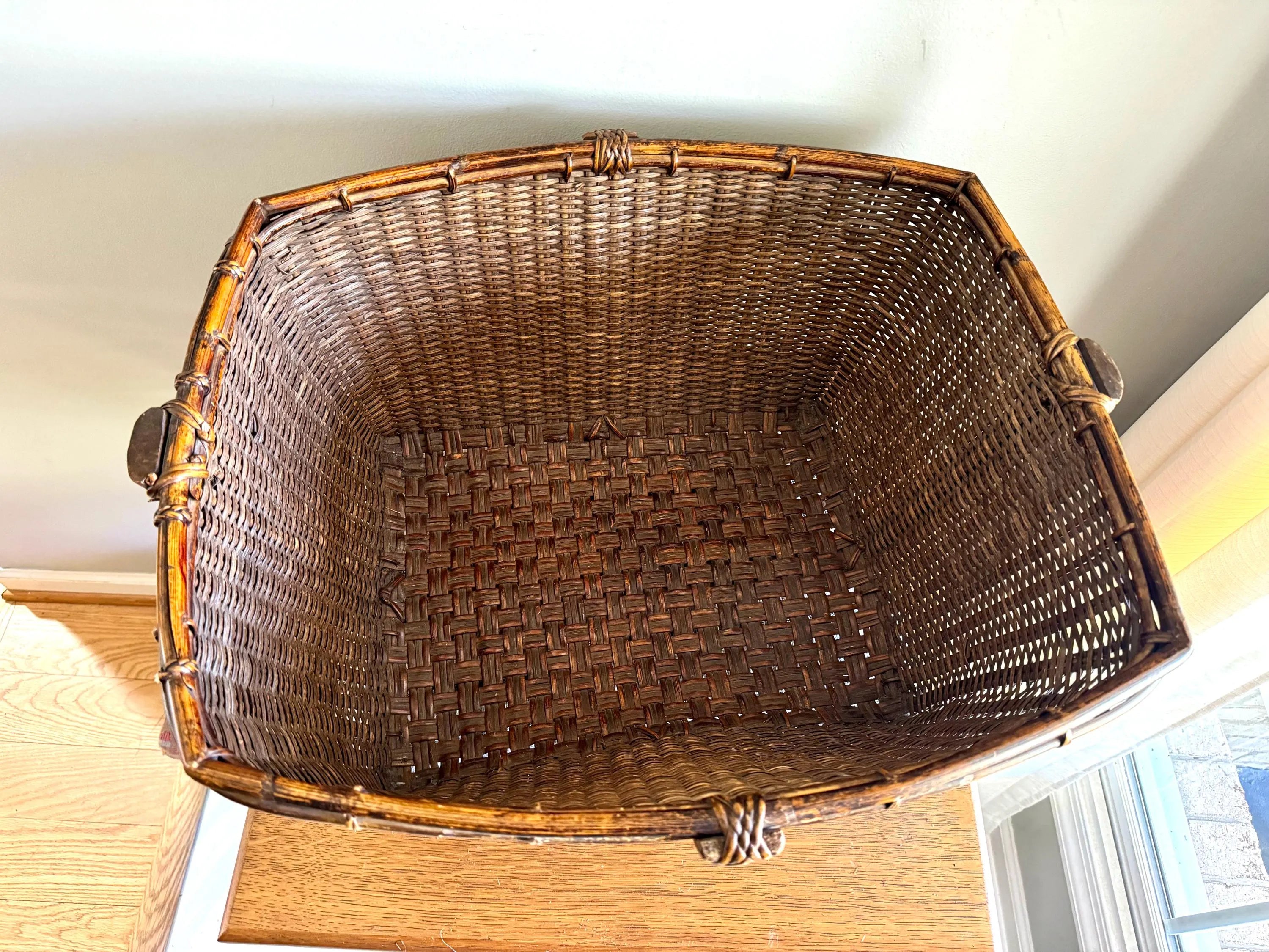 Antique Woven Wicker and Hand Cut Wood Basket  | Large Rattan Drying Basket | Wicker Hamper| Woven Wicker Blanket Storage| Bohemian Storage