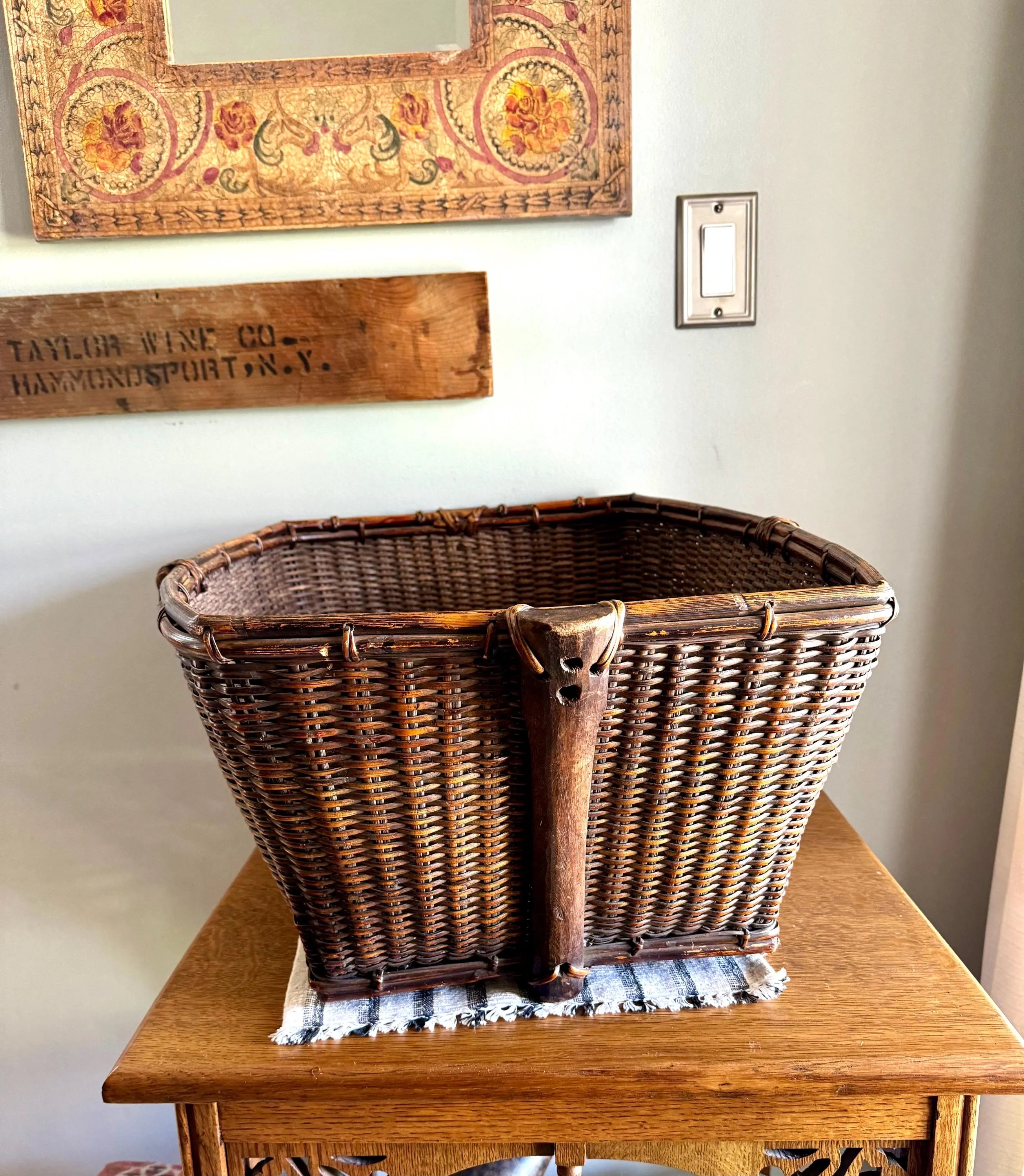 Antique Woven Wicker and Hand Cut Wood Basket  | Large Rattan Drying Basket | Wicker Hamper| Woven Wicker Blanket Storage| Bohemian Storage