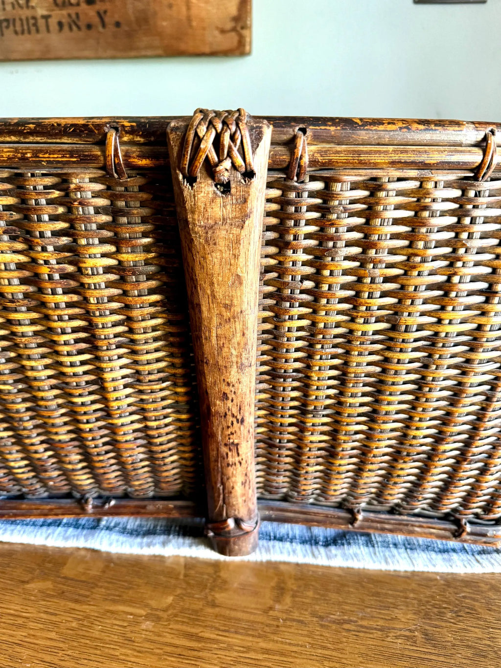 Antique Woven Wicker and Hand Cut Wood Basket  | Large Rattan Drying Basket | Wicker Hamper| Woven Wicker Blanket Storage| Bohemian Storage