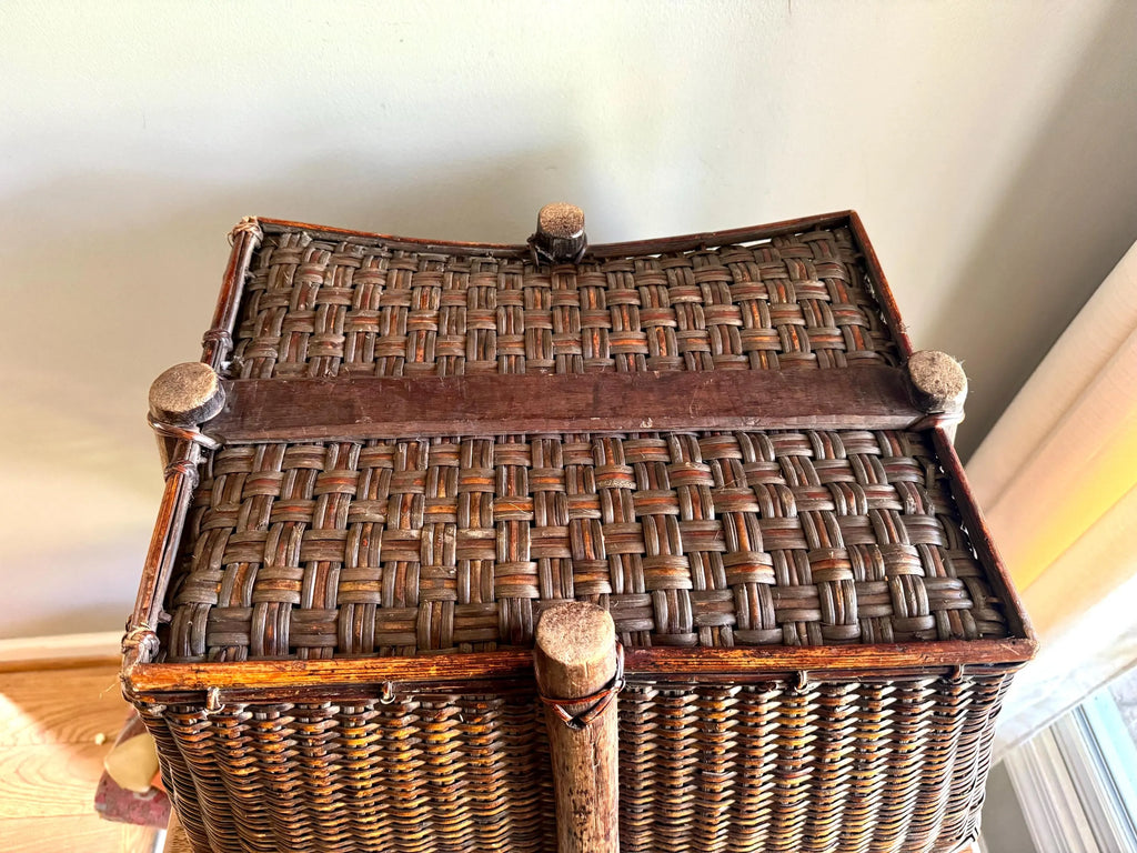 Antique Woven Wicker and Hand Cut Wood Basket  | Large Rattan Drying Basket | Wicker Hamper| Woven Wicker Blanket Storage| Bohemian Storage