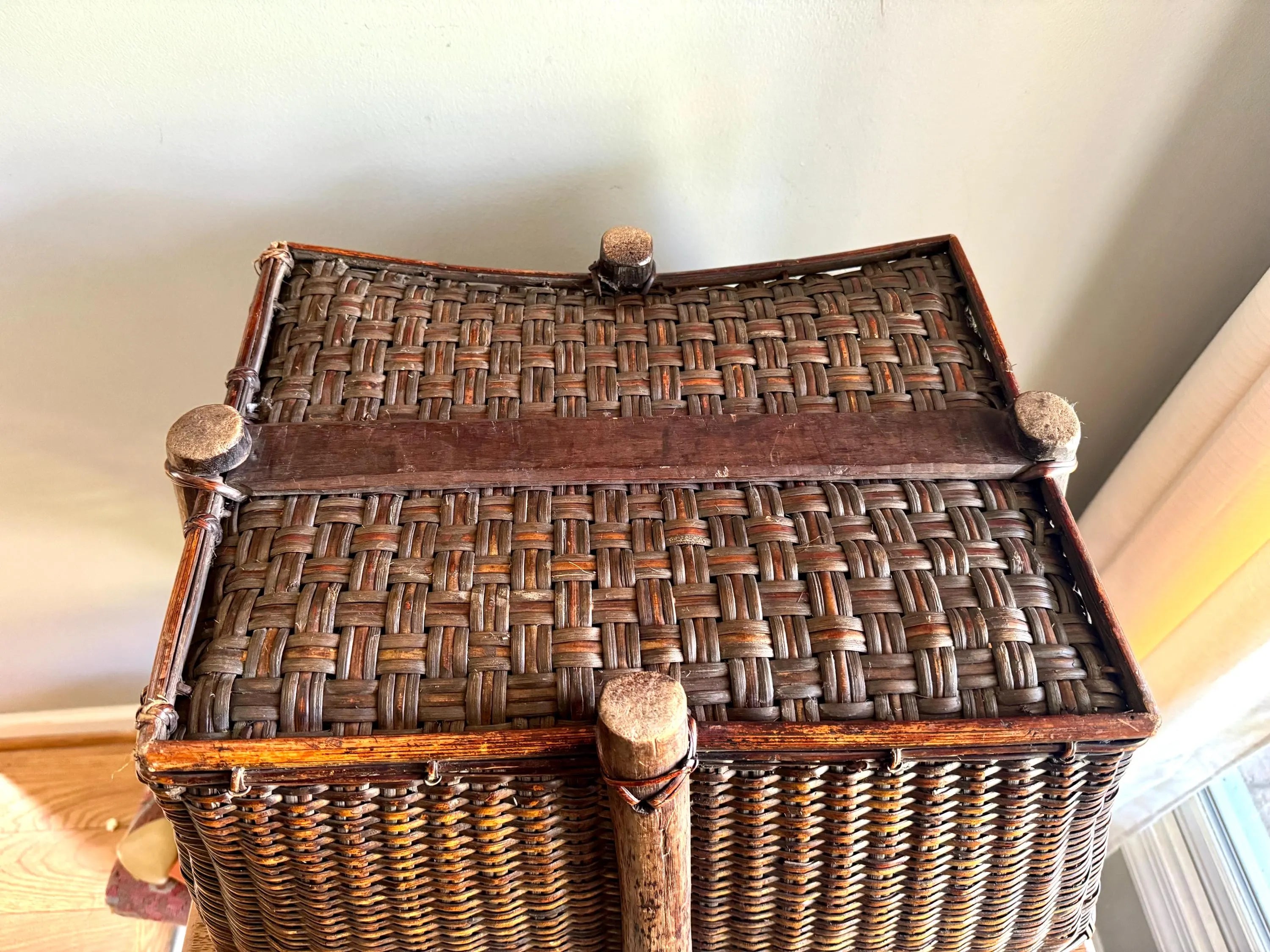 Antique Woven Wicker and Hand Cut Wood Basket  | Large Rattan Drying Basket | Wicker Hamper| Woven Wicker Blanket Storage| Bohemian Storage