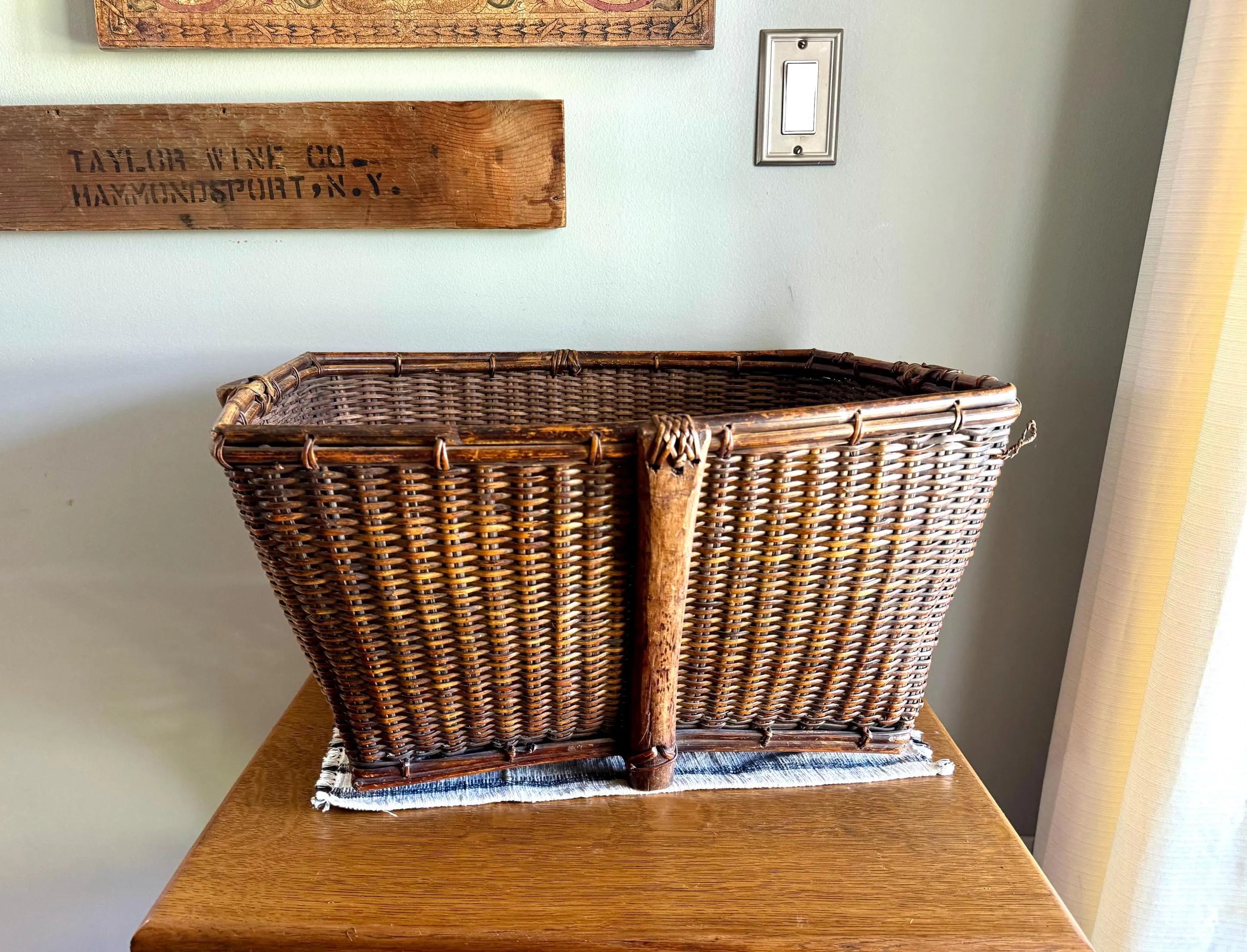 Antique Woven Wicker and Hand Cut Wood Basket  | Large Rattan Drying Basket | Wicker Hamper| Woven Wicker Blanket Storage| Bohemian Storage