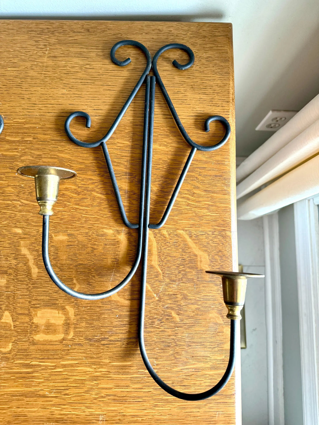 A Pair of MCM Wrought Iron Candle Wall Sconces | Brass and Wrought Iron Wall Sconces