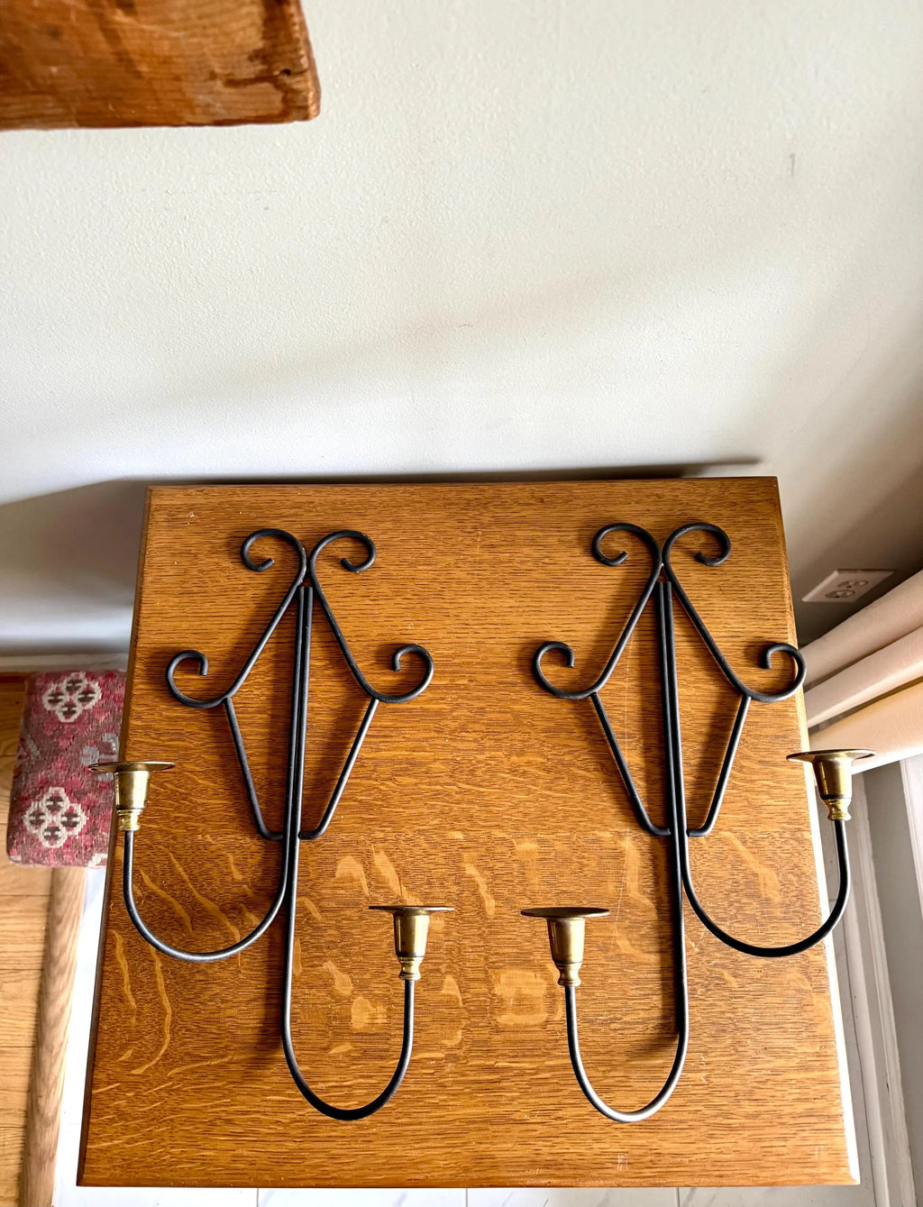 A Pair of MCM Wrought Iron Candle Wall Sconces | Brass and Wrought Iron Wall Sconces