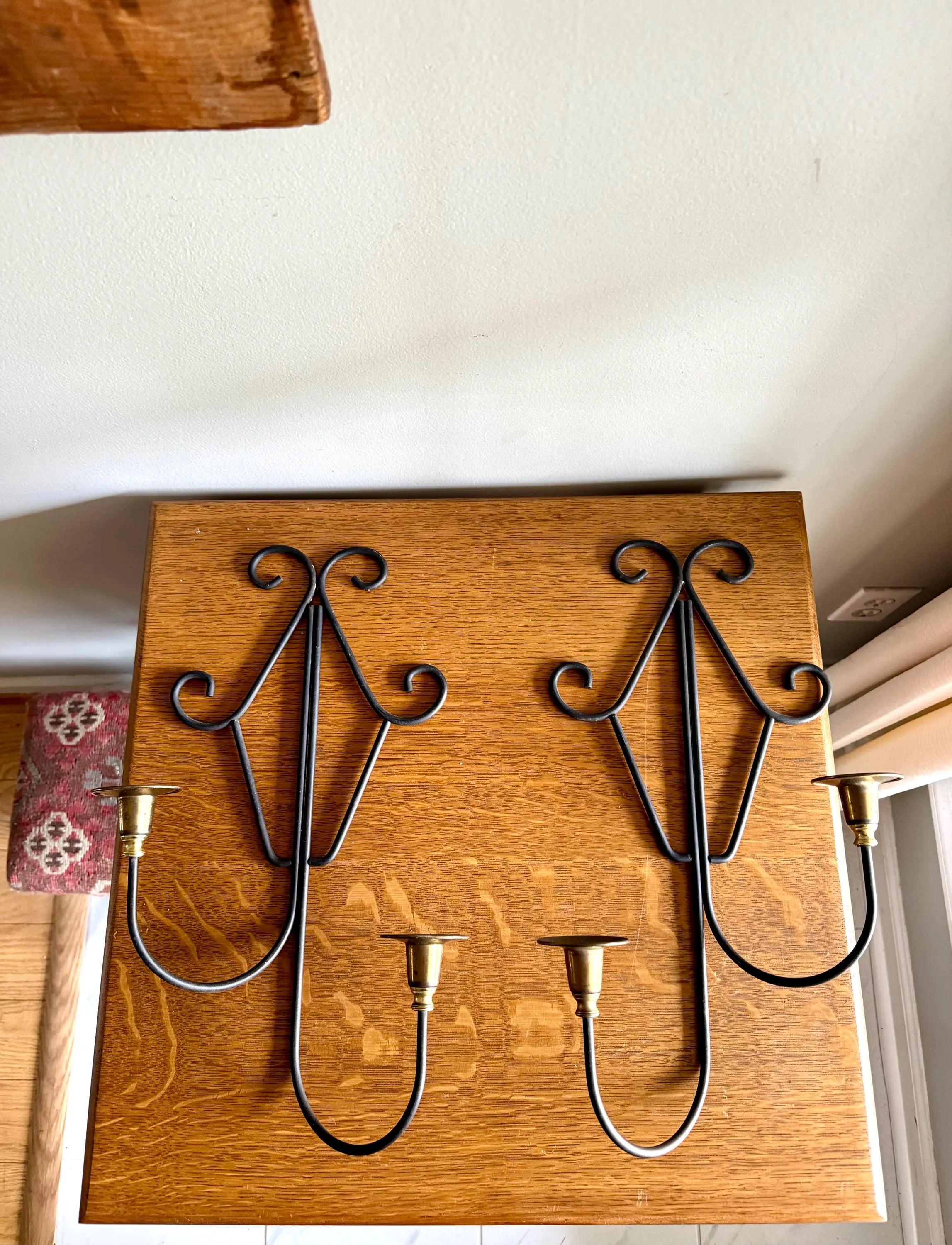 A Pair of MCM Wrought Iron Candle Wall Sconces | Brass and Wrought Iron Wall Sconces