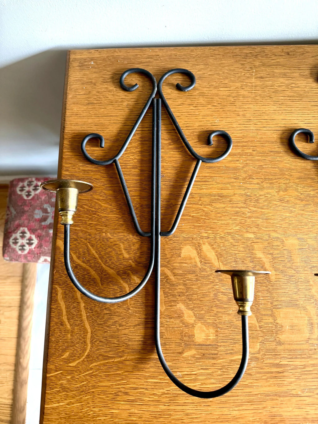 A Pair of MCM Wrought Iron Candle Wall Sconces | Brass and Wrought Iron Wall Sconces