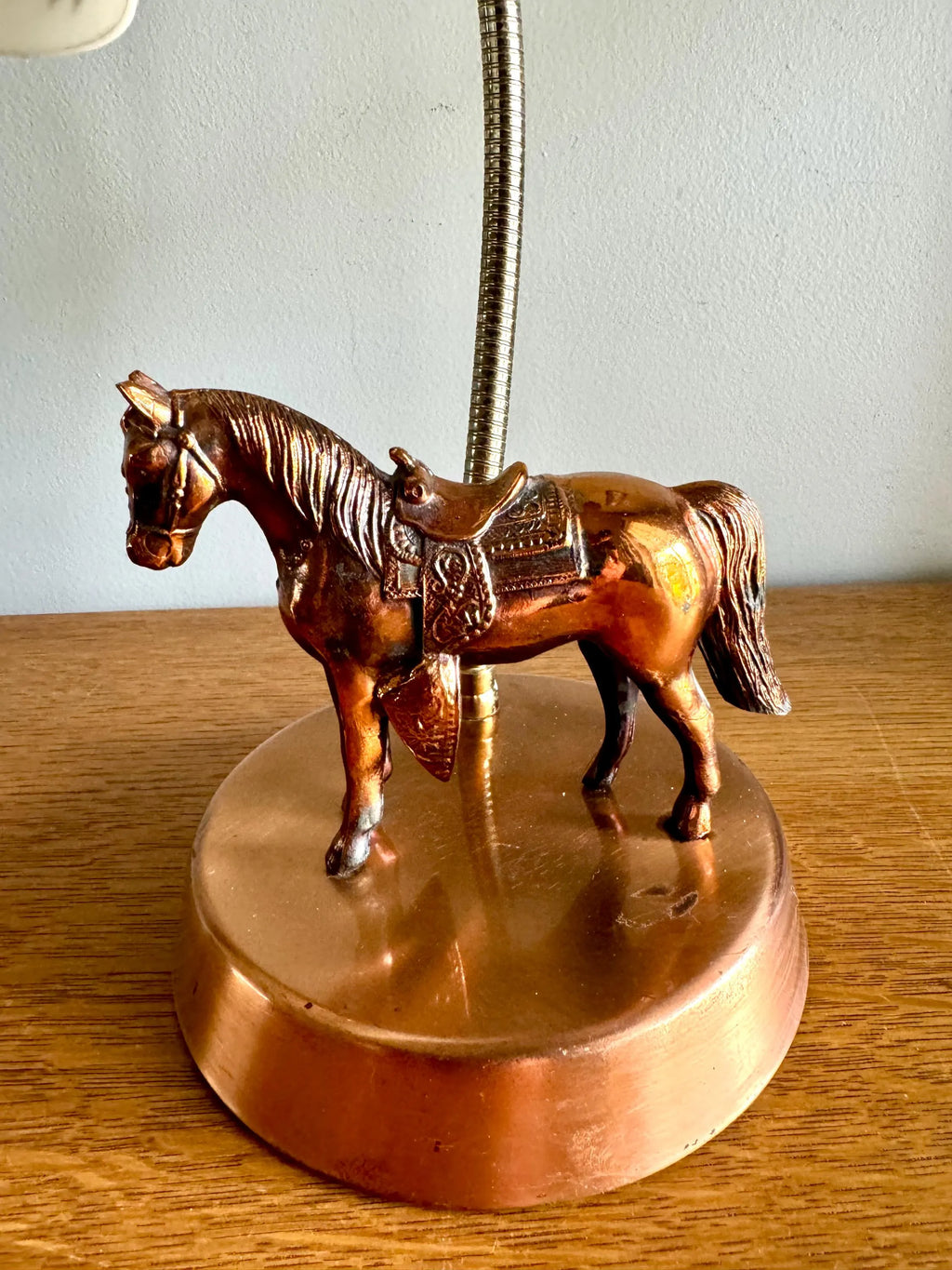 Vtg MCM Copper Horse Lamp | Equestrian Copper Gooseneck Lamp | Coned Shade Horse Lamp | Copper Horse MCM Table Gooseneck Lamp