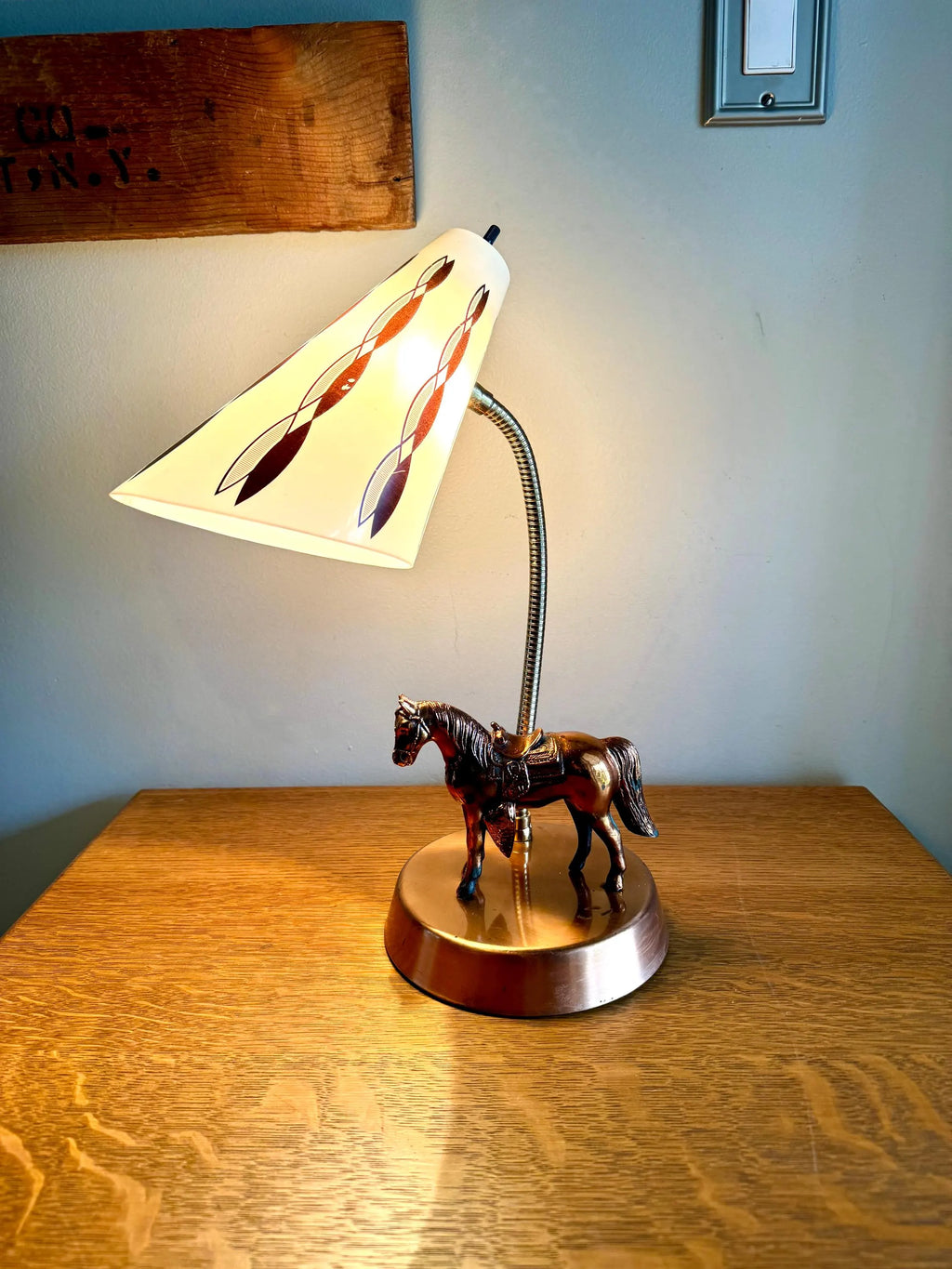 Vtg MCM Copper Horse Lamp | Equestrian Copper Gooseneck Lamp | Coned Shade Horse Lamp | Copper Horse MCM Table Gooseneck Lamp