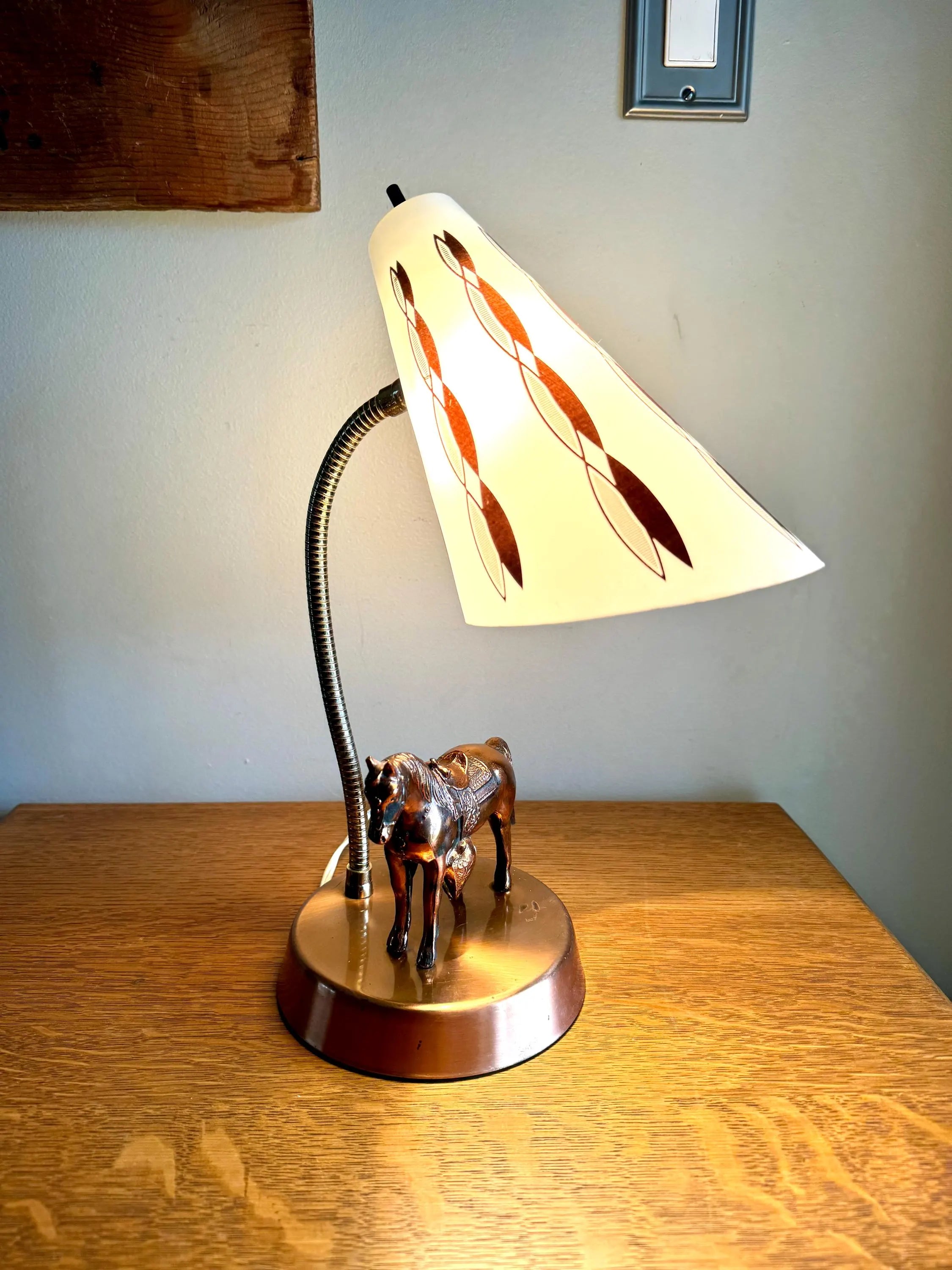 Vtg MCM Copper Horse Lamp | Equestrian Copper Gooseneck Lamp | Coned Shade Horse Lamp | Copper Horse MCM Table Gooseneck Lamp