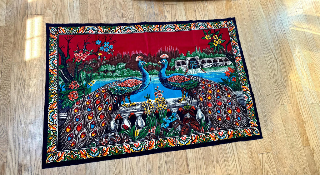 Vtg Peacock Tapestry | Twin Peacocks in the Palace Tapestry | Velvet Peacock Illustrated Wall Hanging | Turkish Peacock Wall Tapestry