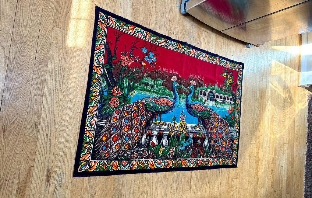 Vtg Peacock Tapestry | Twin Peacocks in the Palace Tapestry | Velvet Peacock Illustrated Wall Hanging | Turkish Peacock Wall Tapestry