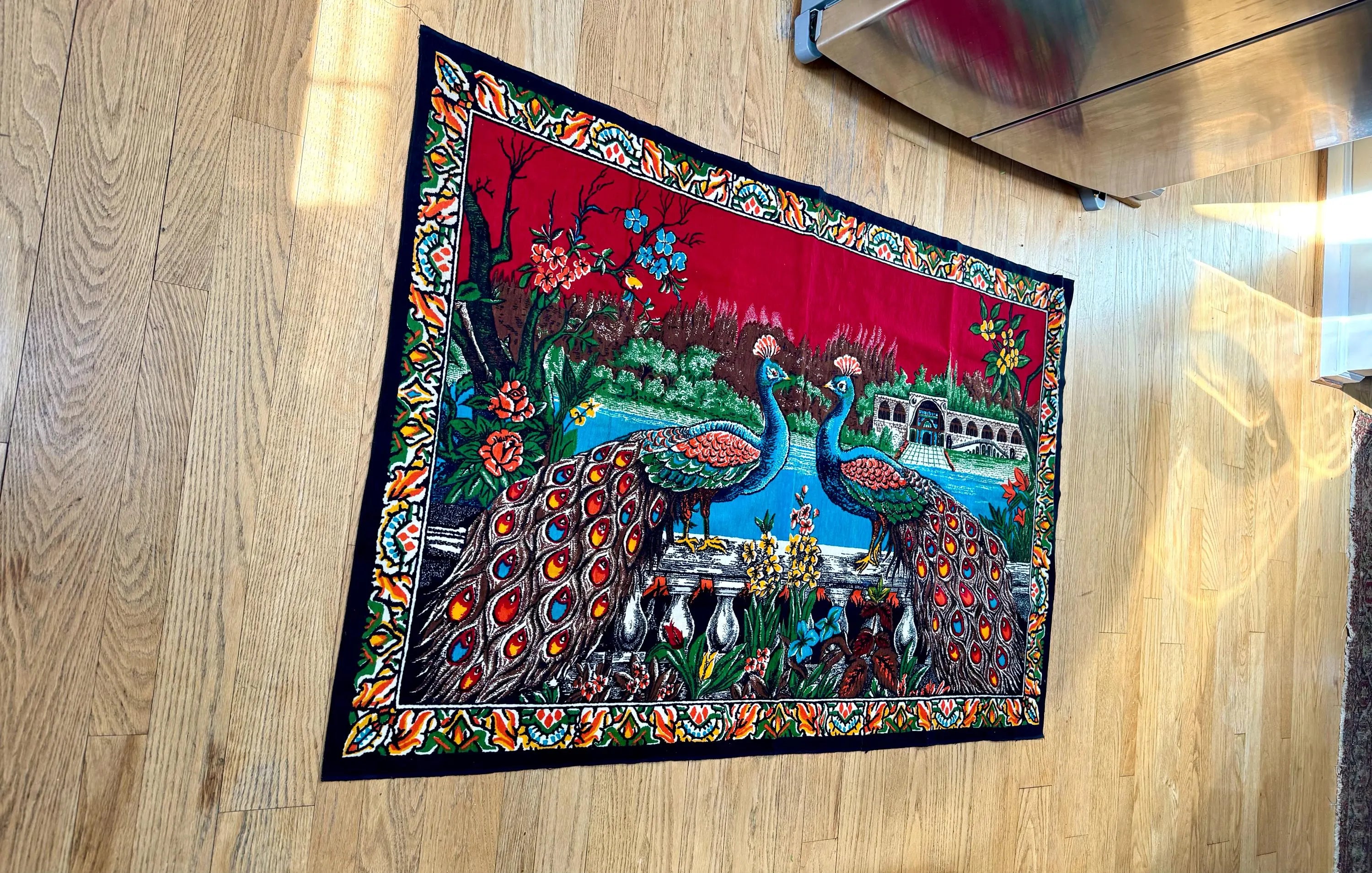 Vtg Peacock Tapestry | Twin Peacocks in the Palace Tapestry | Velvet Peacock Illustrated Wall Hanging | Turkish Peacock Wall Tapestry