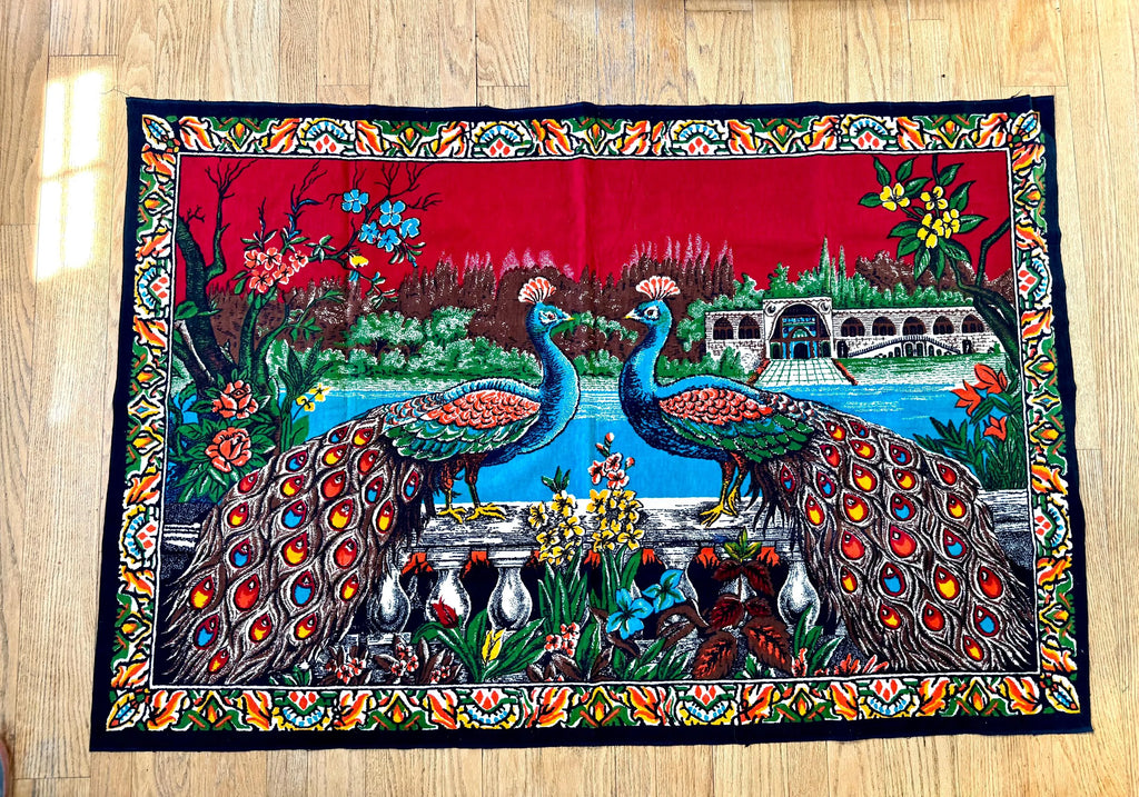 Vtg Peacock Tapestry | Twin Peacocks in the Palace Tapestry | Velvet Peacock Illustrated Wall Hanging | Turkish Peacock Wall Tapestry