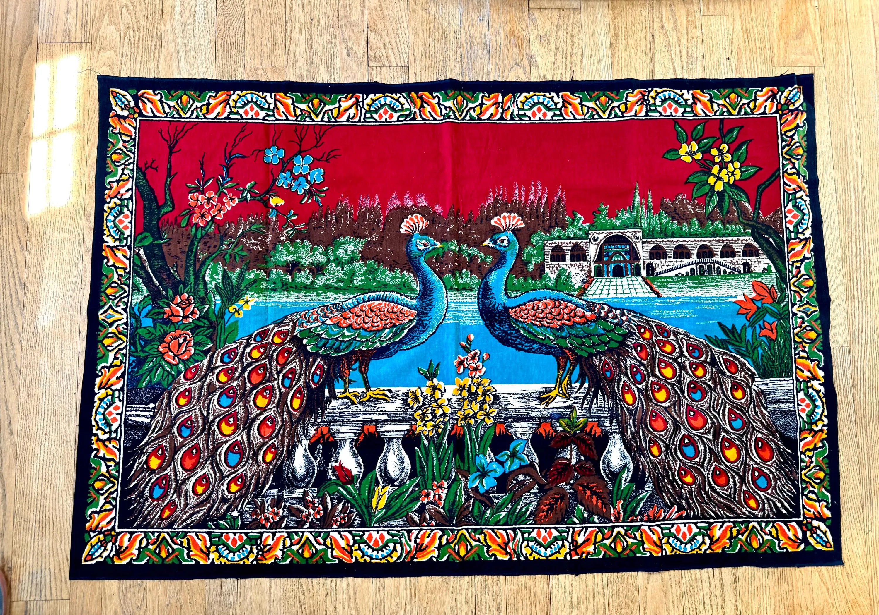 Vtg Peacock Tapestry | Twin Peacocks in the Palace Tapestry | Velvet Peacock Illustrated Wall Hanging | Turkish Peacock Wall Tapestry