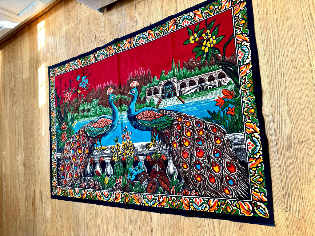 Vtg Peacock Tapestry | Twin Peacocks in the Palace Tapestry | Velvet Peacock Illustrated Wall Hanging | Turkish Peacock Wall Tapestry